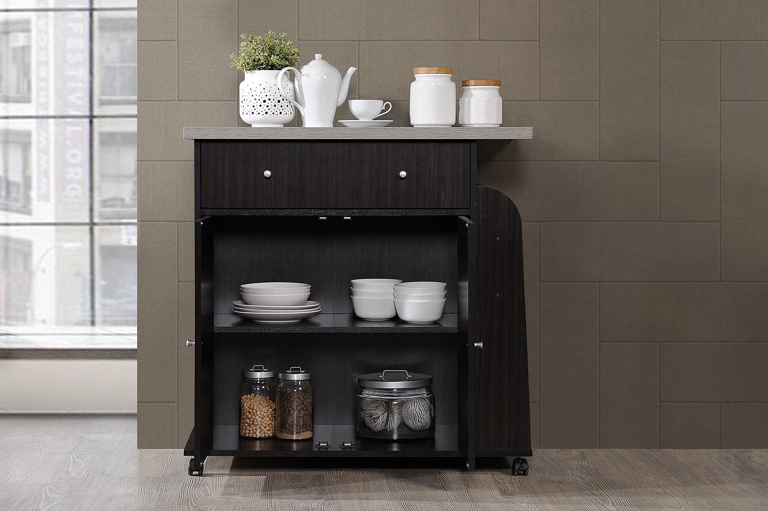 Hodedah Kitchen Cart with Spice Rack in Chocolate