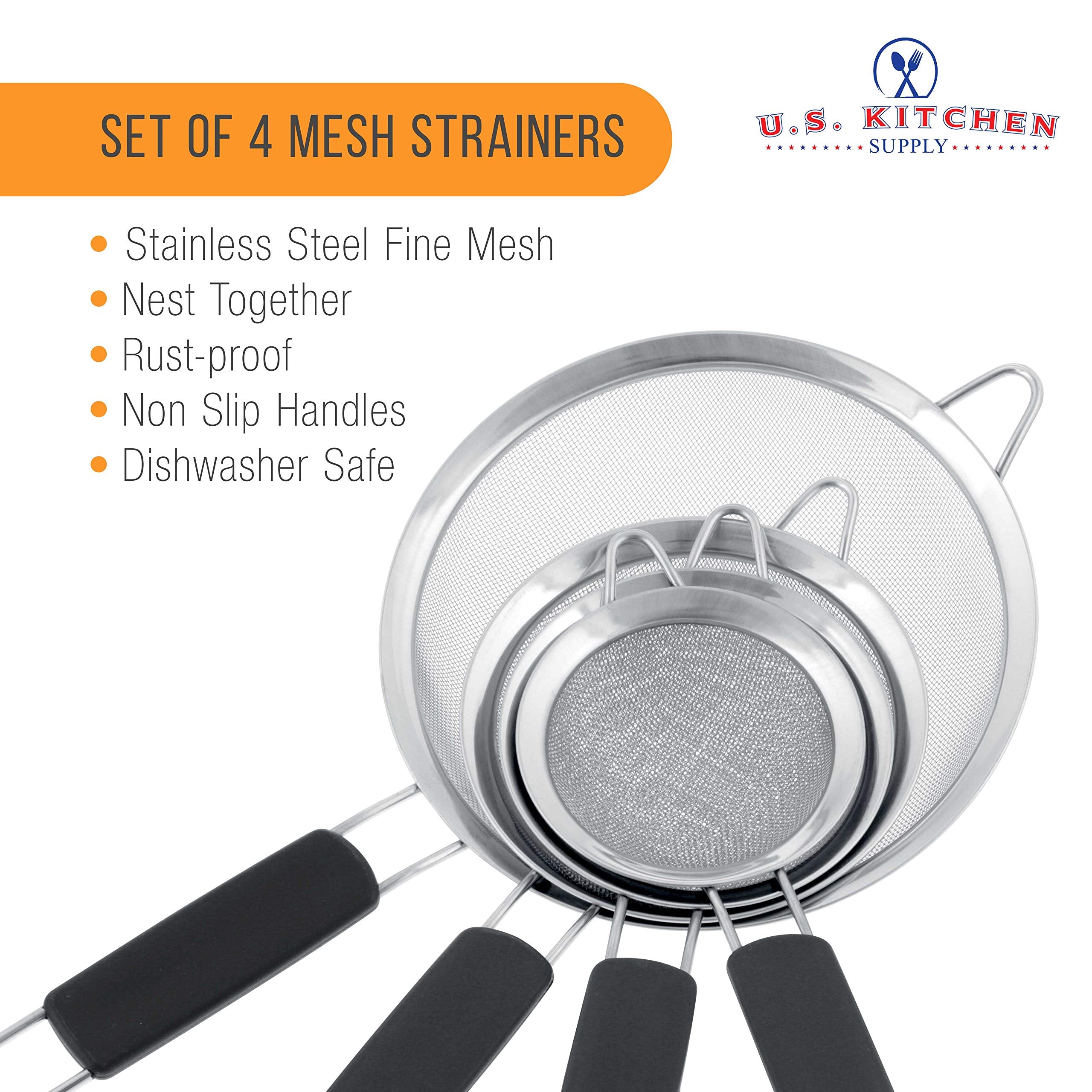 U.S. Kitchen Supply - Set Of 4 Premium Quality Fine Mesh Stainless Steel Strainers With Comfortable Non Slip Handles - 4'', 4.5'