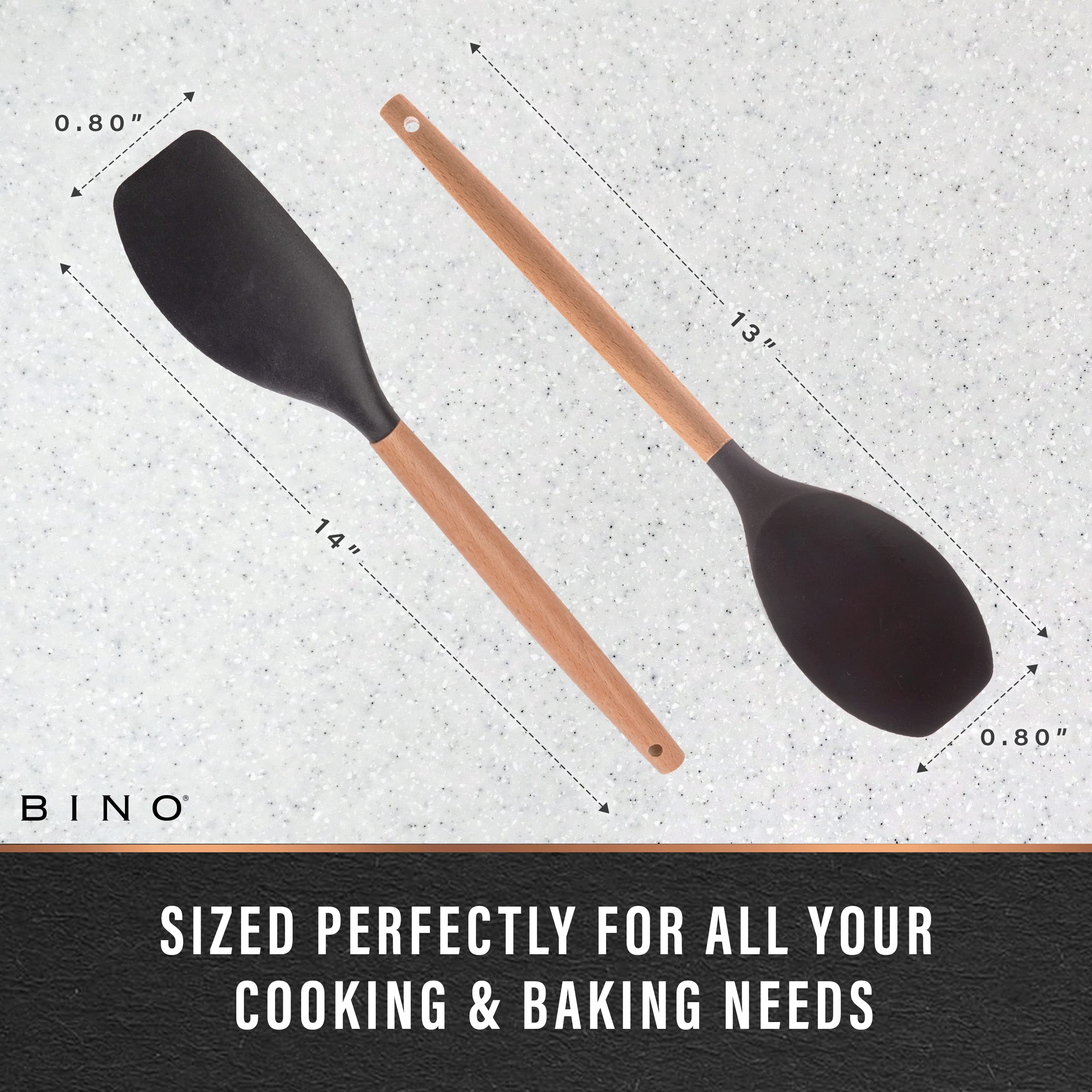 Bino 2-Piece Wooden Handle Silicone Mixing Spoons & Spatulas Set - Black | Heat Resistant Kitchen Utensils For Nonstick Cookware