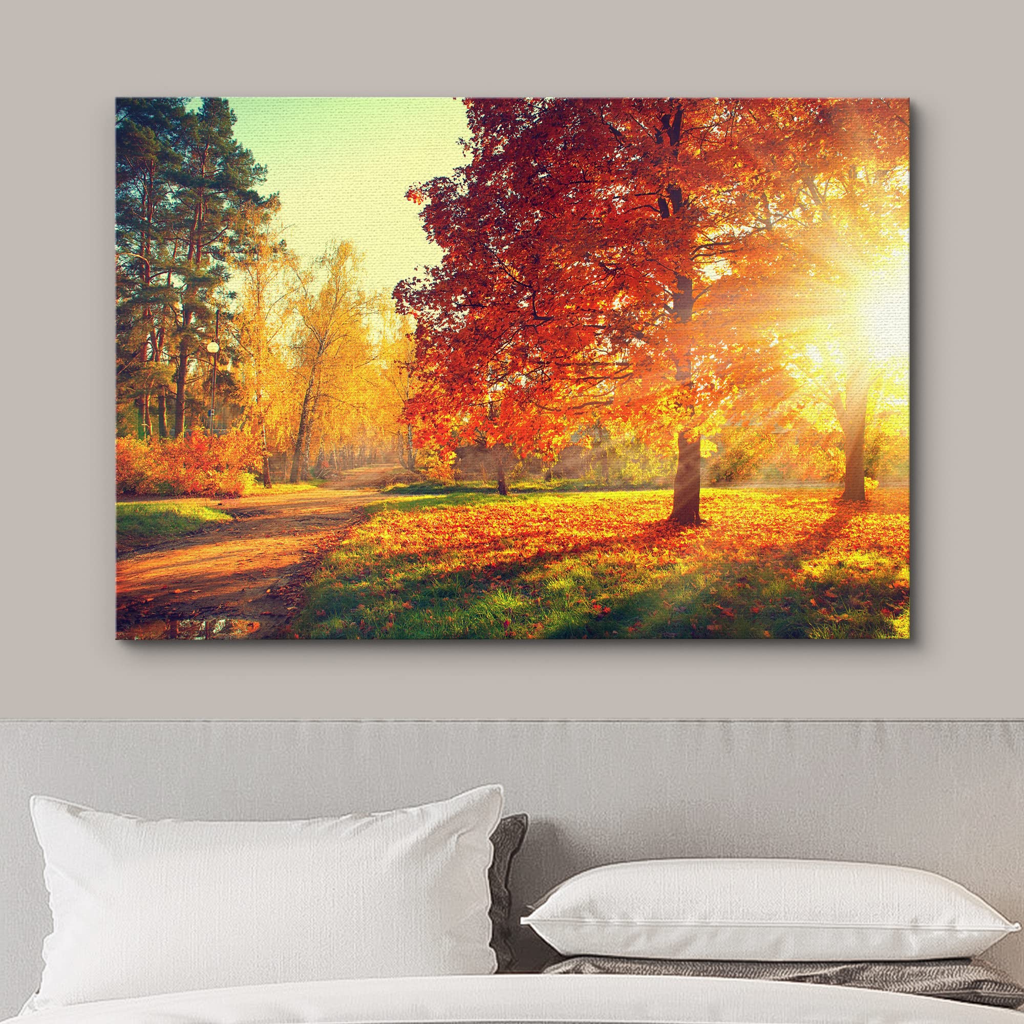 wall26 Canvas Print Wall Art Path Through Red & Orange Autumn Park Nature Wilderness Photography Modern Art Rustic Scenic Colorful Multicolor for Living Room  Bedroom  Office - 12''x18''