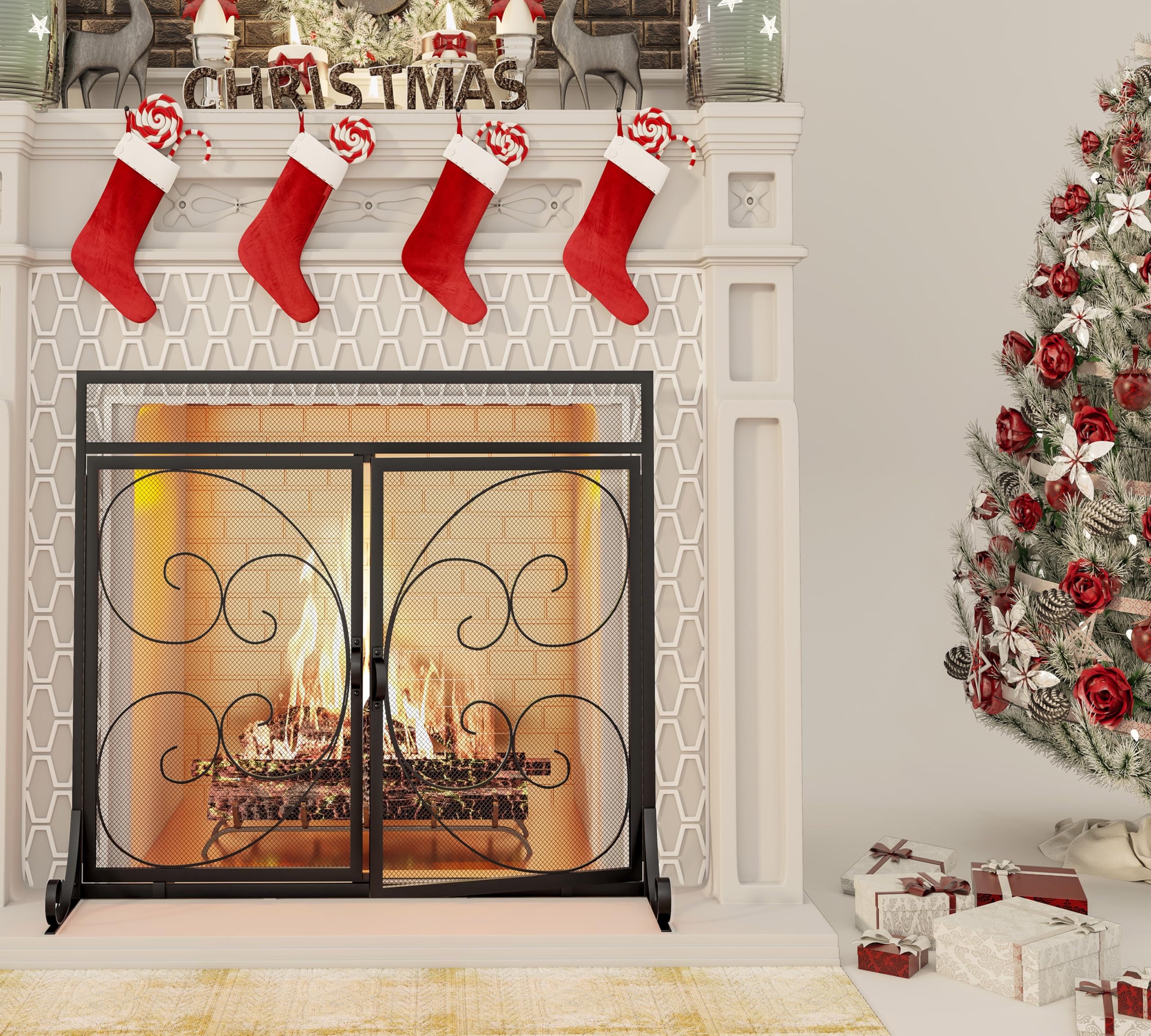 Kingson Flat Fireplace Screen With Hinged Doors Handcrafted Wrought Iron Classical Scroll Durable Metal Mesh Decorative Free Sta
