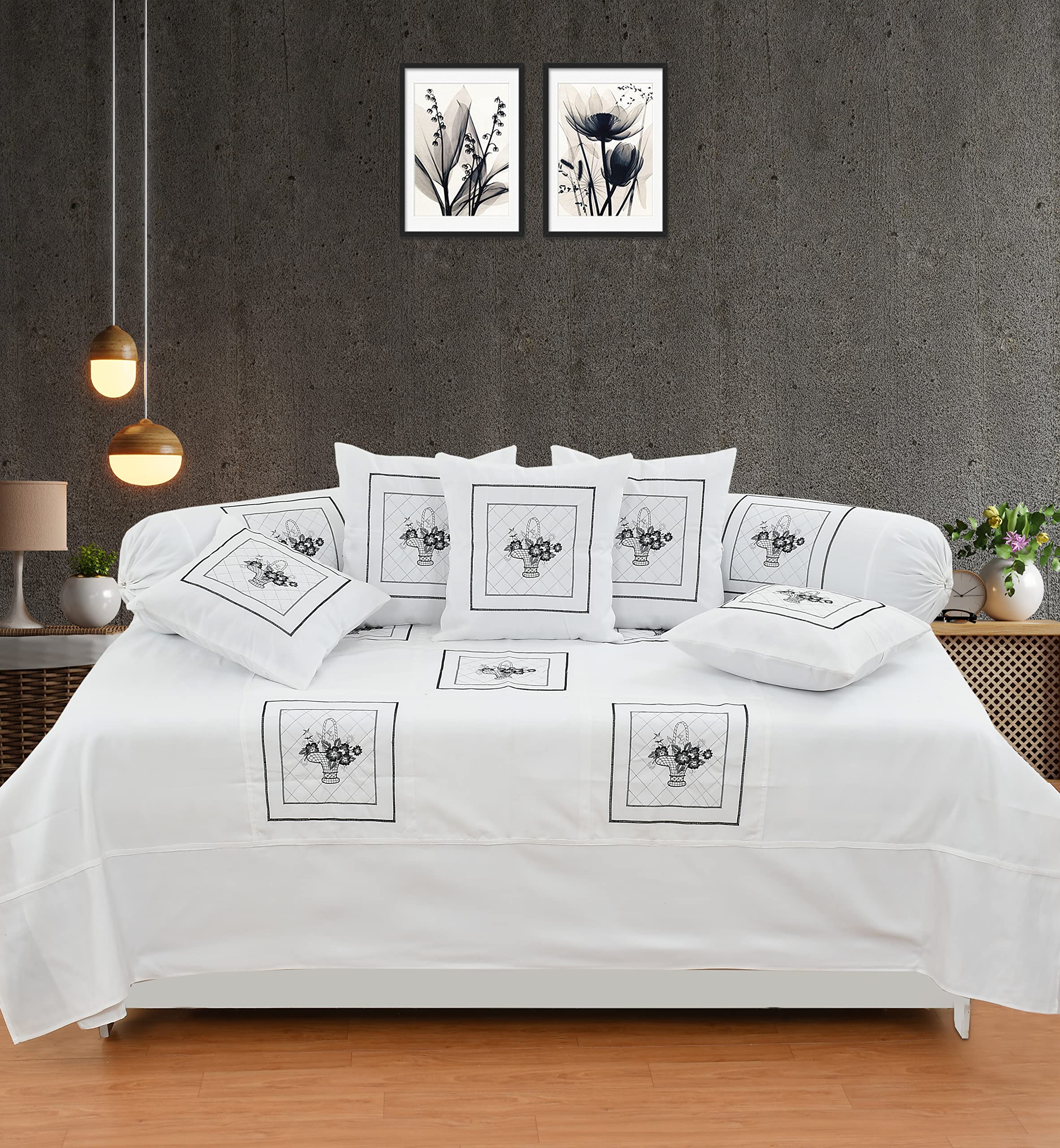 Rj Products Microfiber Royal Embroided Diwan Set Of 8 Pieces White Color, Bedsheet