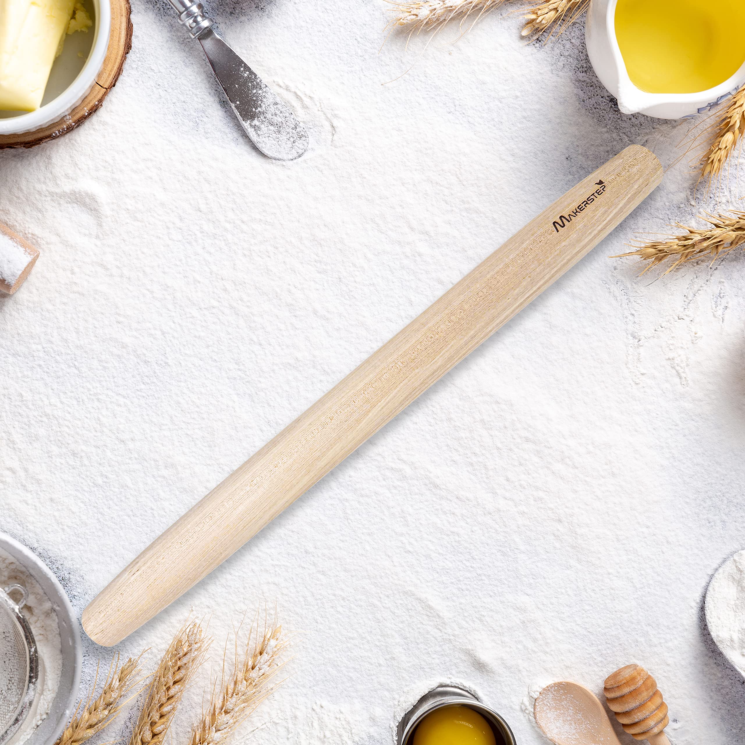 Makerstep French Wooden Rolling Pin 17 Inches, Natural Wooden Rolling Pin For Baking Pizza Dough, Cookie, Pastry, Pie Crust. Smo