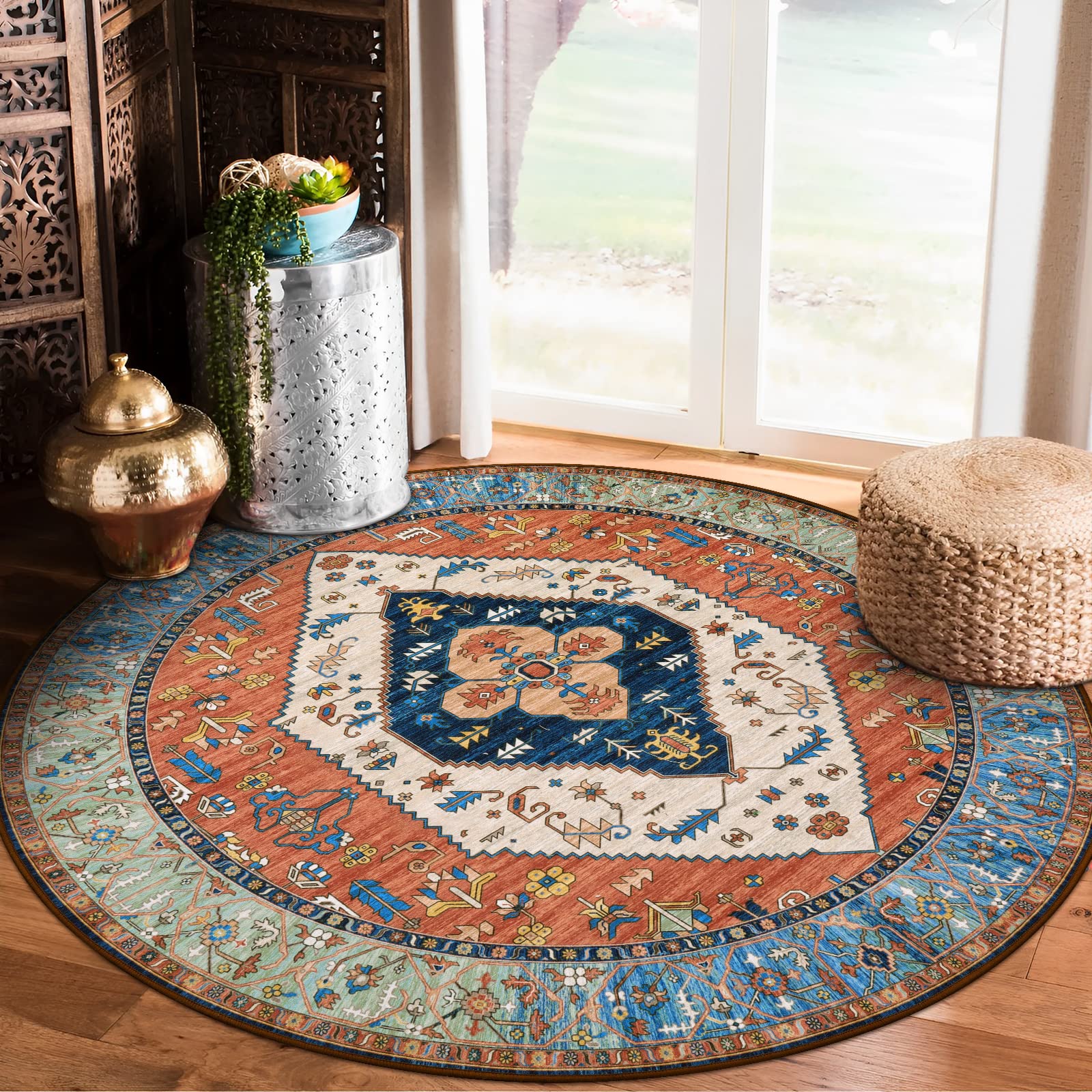 Lahome Ultra-Thin Round Rugs - 6ft Washable Round Area Rugs for Living Room Non-Slip Throw Circle Rugs for Bedroom Dining Room R