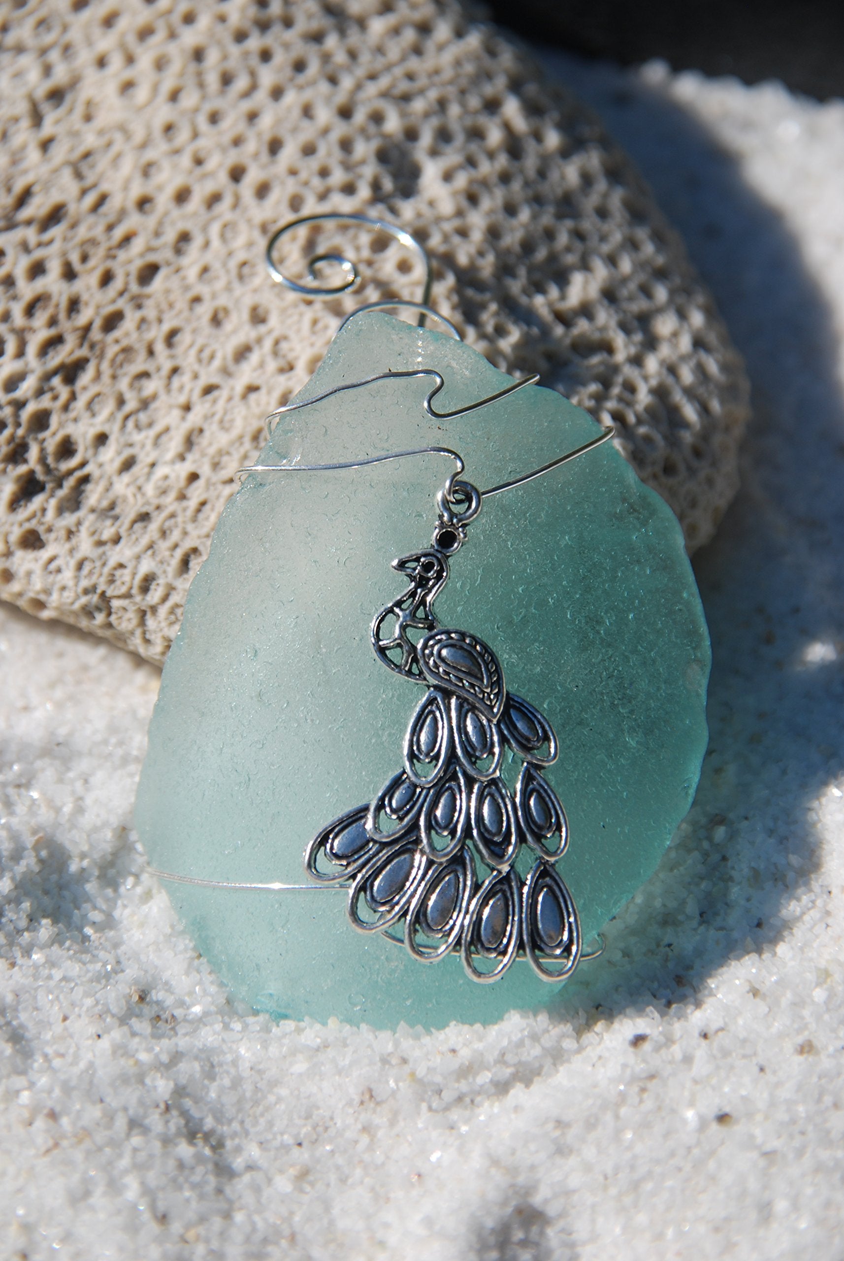 DejaVu Designs Silver Peacock Charm on a Genuine Sea Foam Sea Glass Ornament - Made to Order