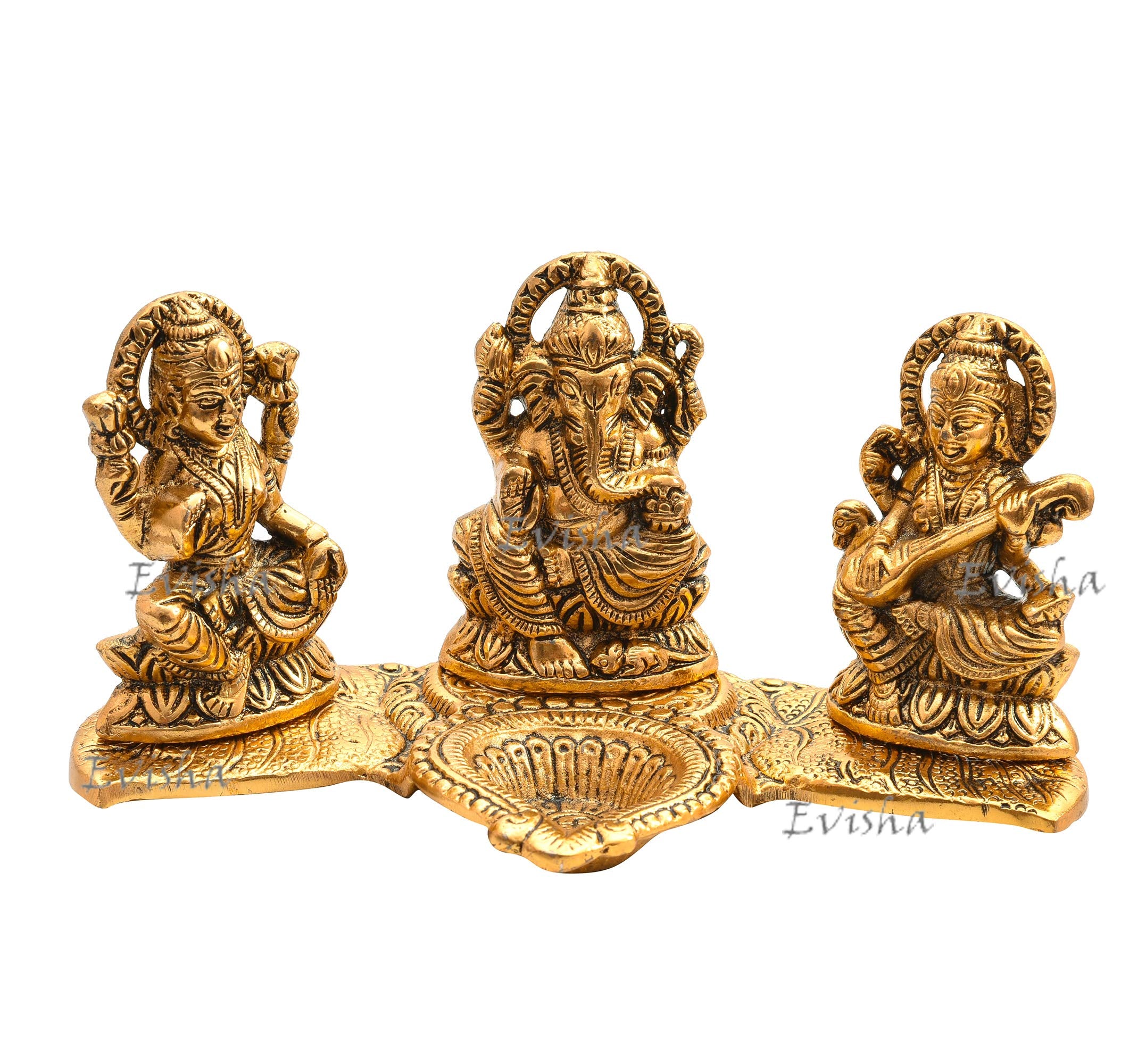 Evisha Golden Brass Metal Lord Laxmi Ganesh And Saraswati With Diya Handicraft Idol For Temple Home Dcor