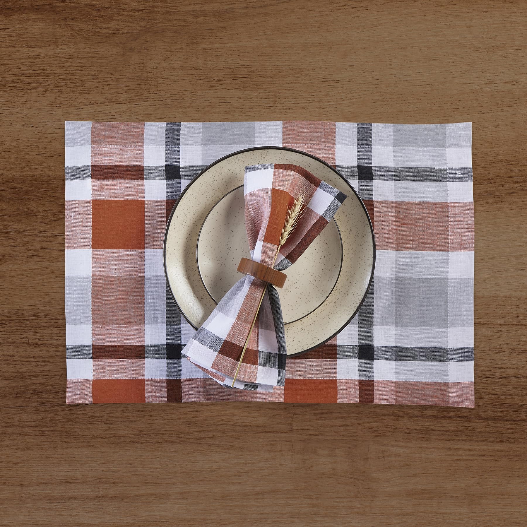 Solino Home Plaid Linen Dinner Napkins 20 X 20 Inch - 100% Pure Linen Cinnamon Fall Buffalo Check Cloth Napkins Set Of 4 - Handc