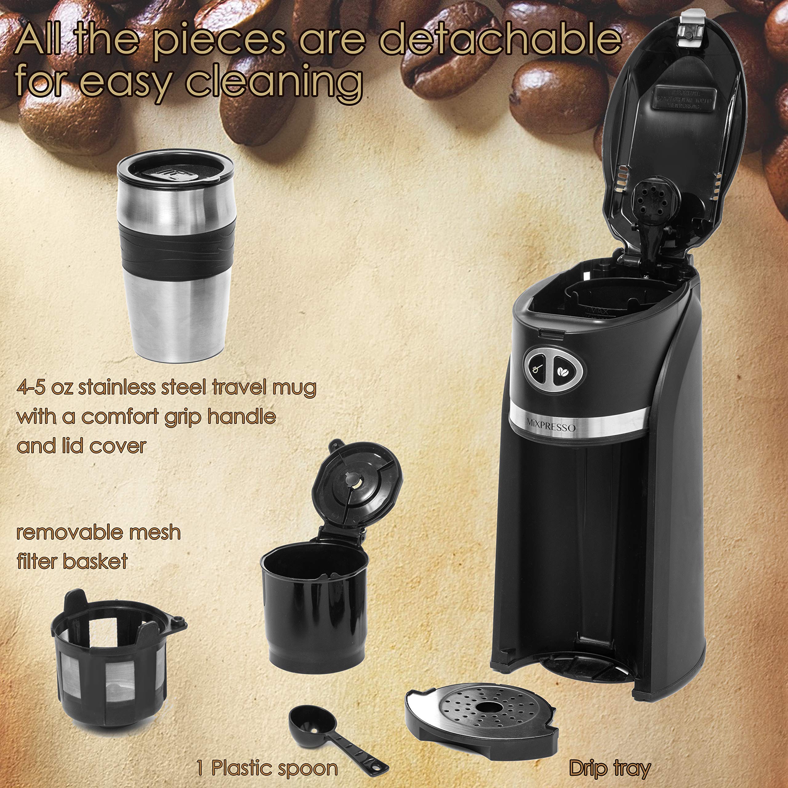 Mixpresso 2 In 1 Grind & Brew Automatic Personal Coffee Maker, Automatic Single Serve Coffee Maker With Grinder Built-In And 14O