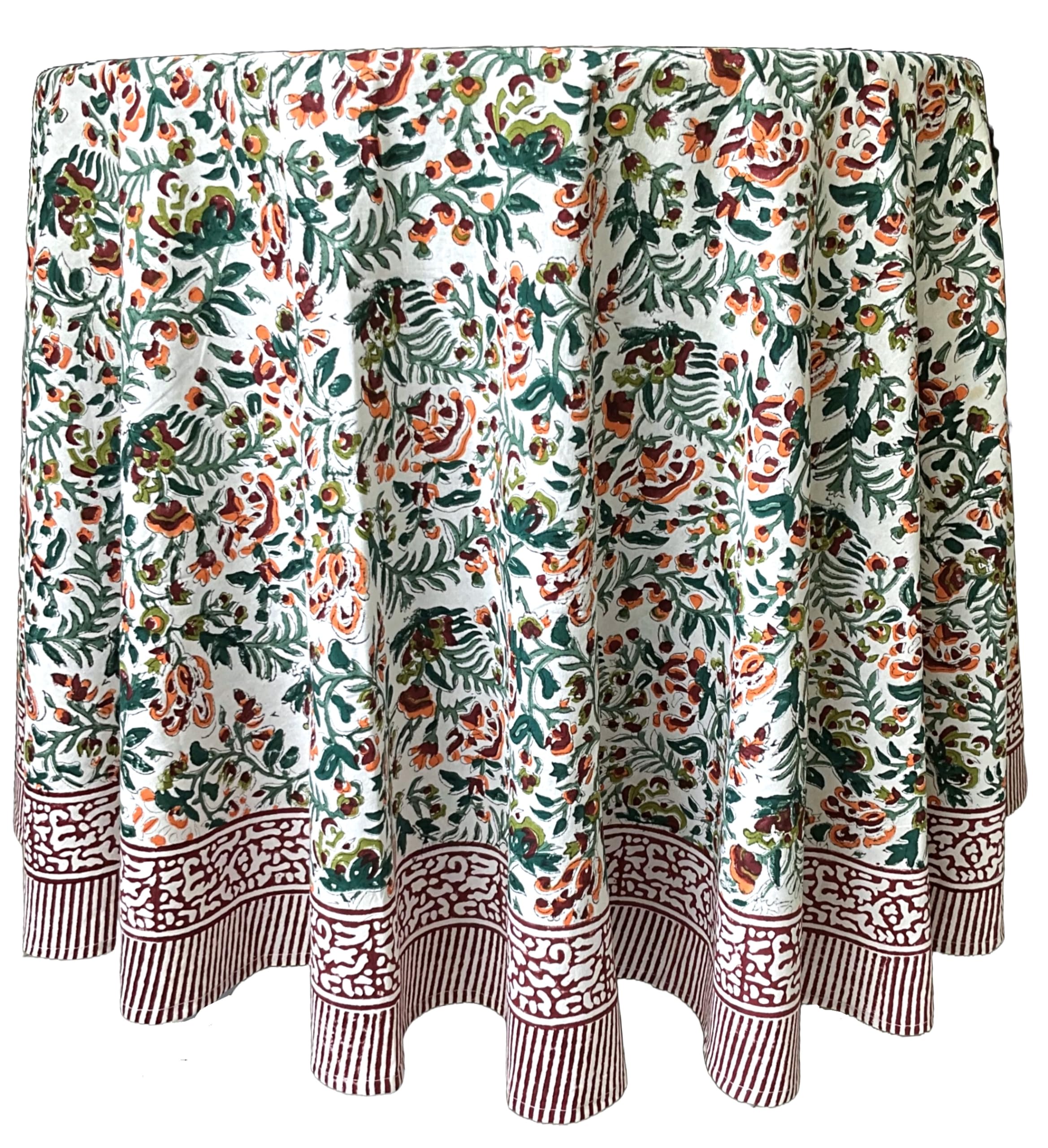 ATOSII Ambrosia Green 100% Cotton Round Tablecloth, Handblock Print Floral Table Cloth for Kitchen Dining Linen I Weddings, Outd