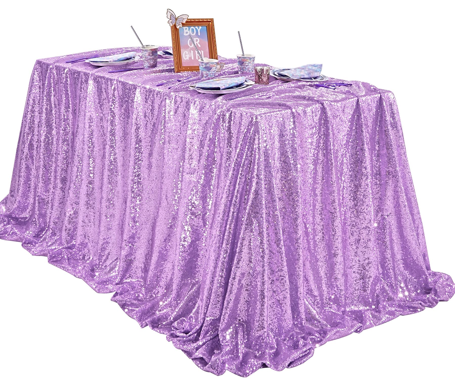 Queendream Lilac Sequin Tablecloth 60X102 Mermaid Tablecloth Lavender Glitter Tablecloth For Wedding Birthday Baby Shower Me