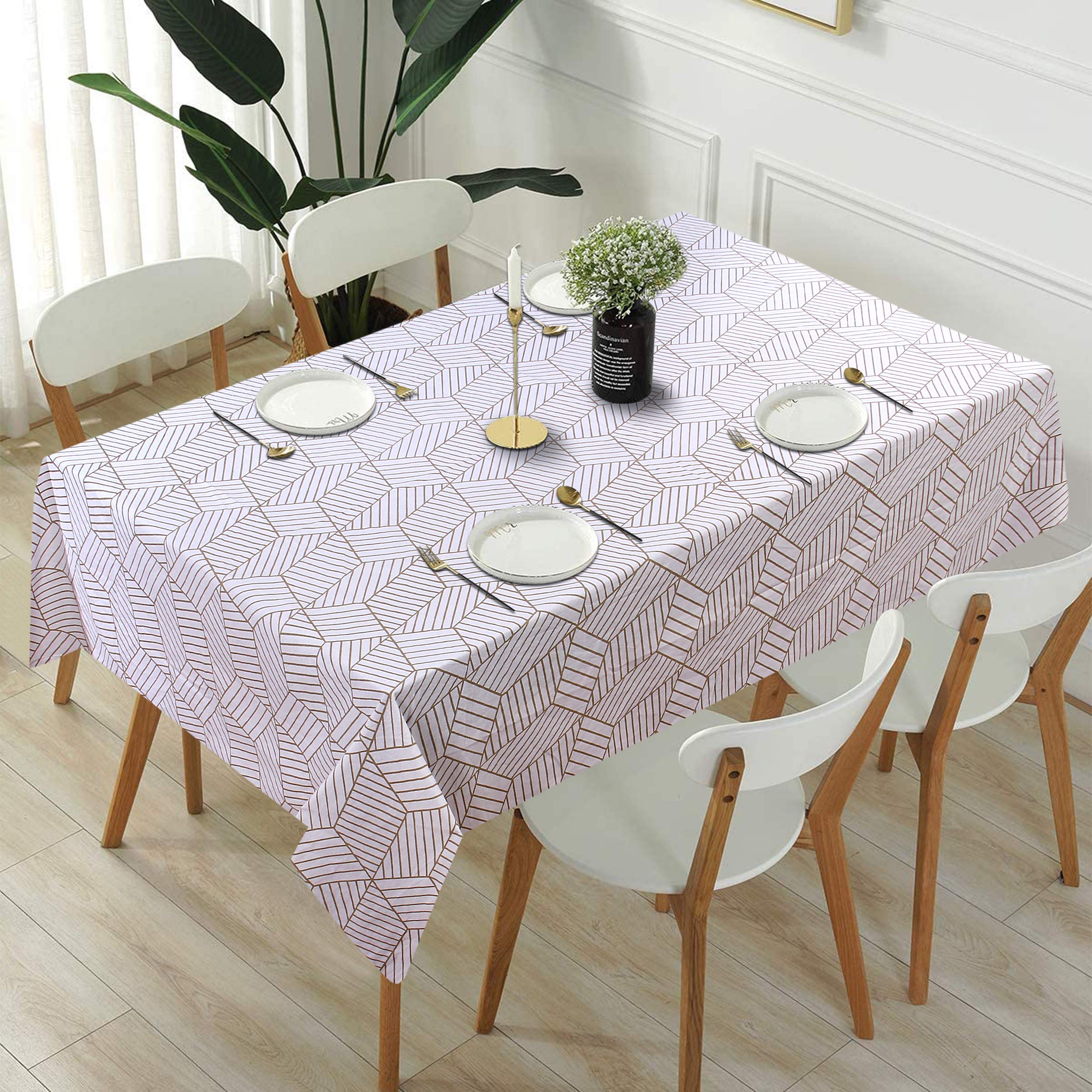 Modern Homes Cotton Tablecloth for Dining Table Stripe Design; Light Brown Table Cover 55x55 inches (4 Seater)