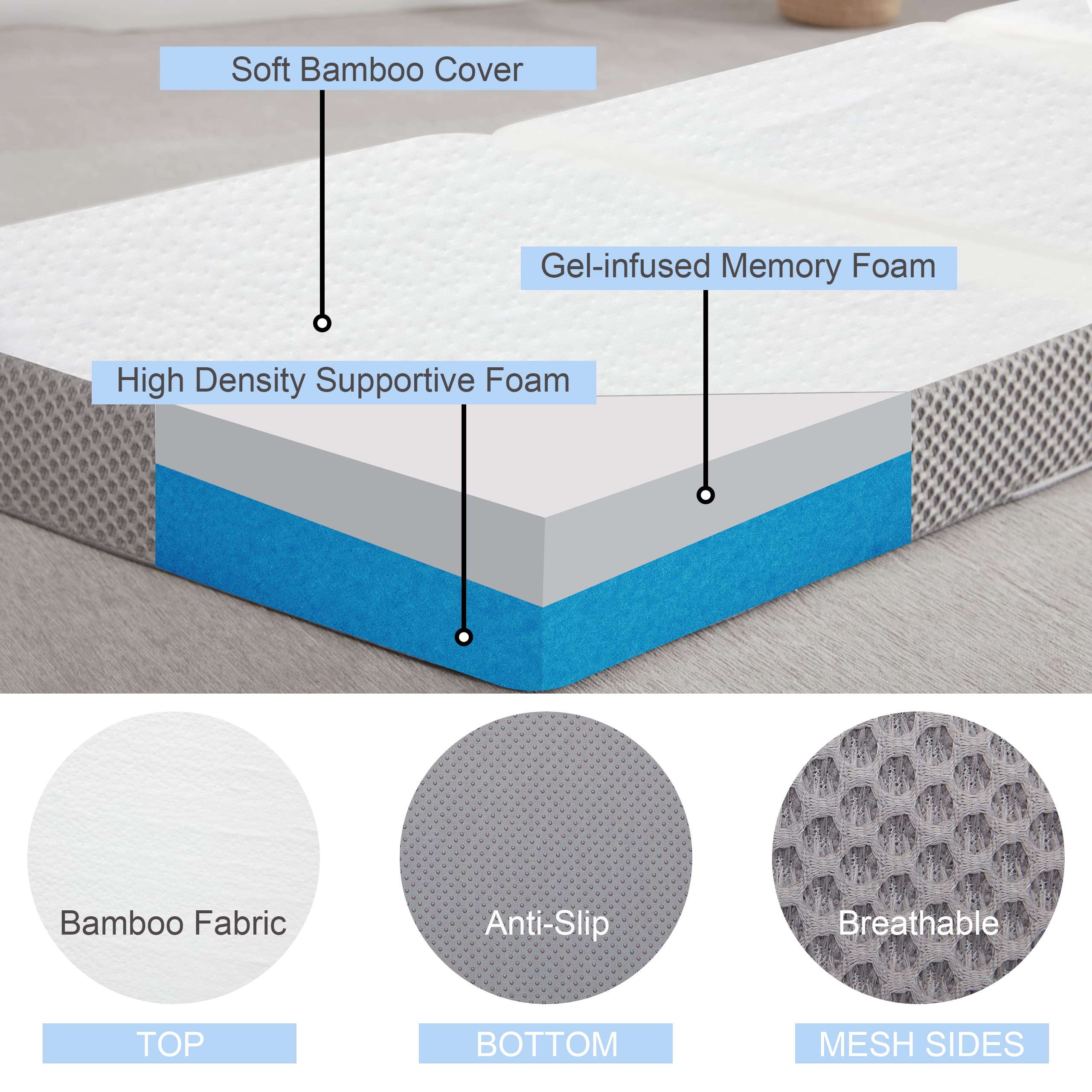 Kingfun Memory Foam Folding Mattress,Gel-Infused Foldable Floor Mattress, Breathable Tri-Fold Mattress Topper With Bamboo Cover,