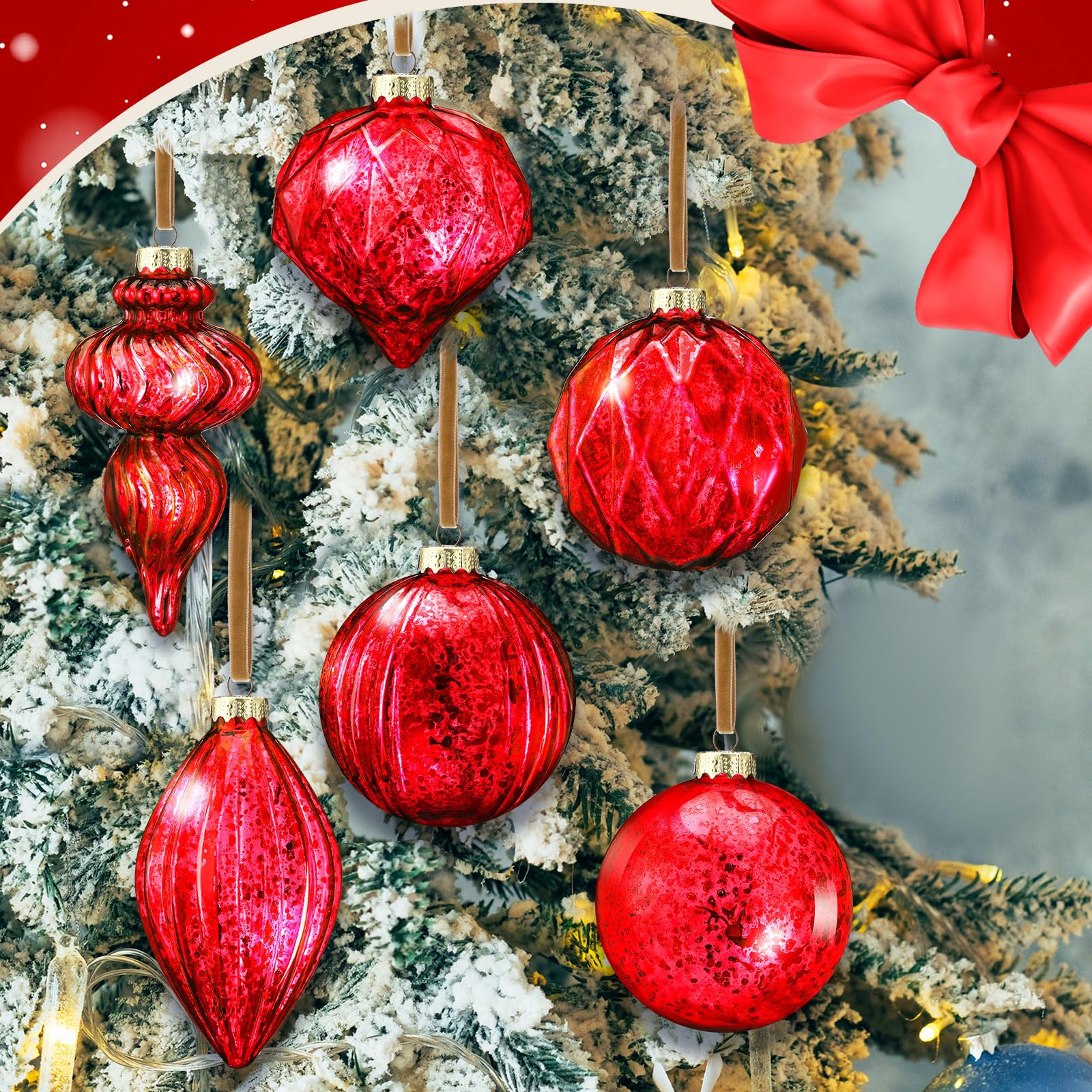 Civaner Set of 6 Red Mercury Glass Christmas Ornaments Large Hanging Mercury Glass Balls Finials Ornaments for Christmas Tree De