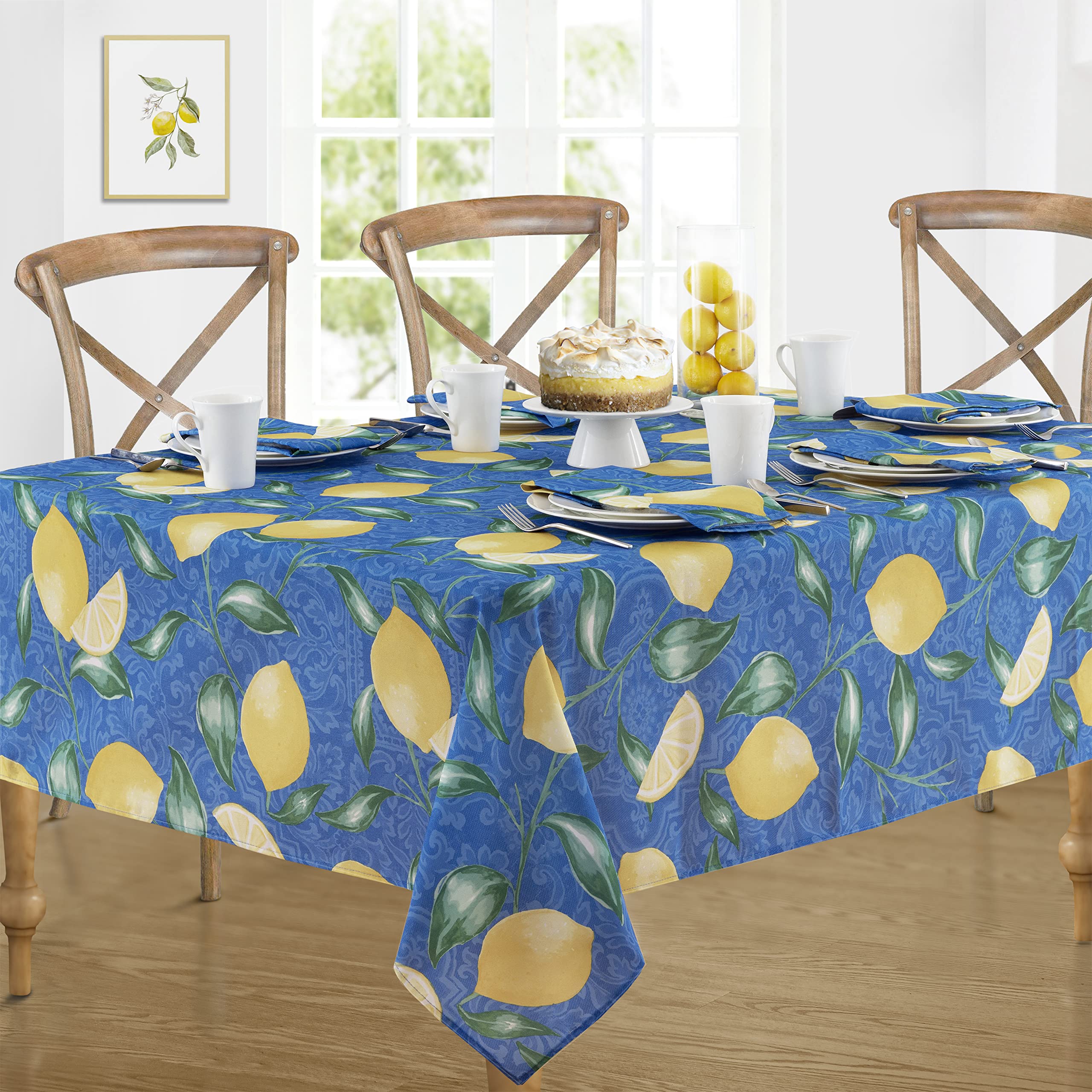 Newbridge Mediterranean Lemon Zest Indoor/Outdoor Print Fabric Napkins, French Provence Blue And Yellow Lemon Design Water And S