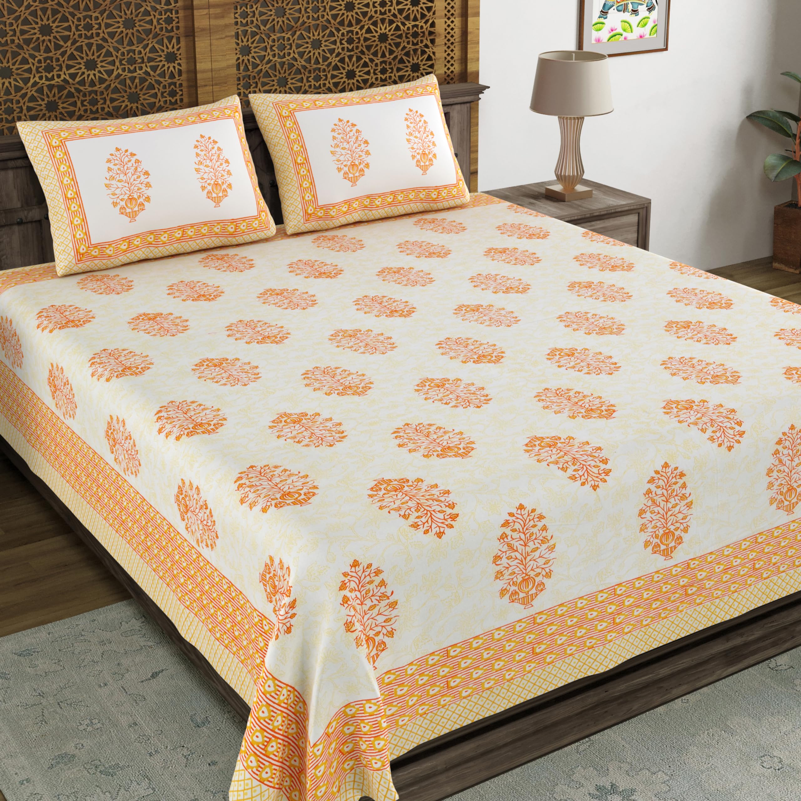 Blocks Of India Hand Block Printed 200 Tc Cotton King Size Bedsheet (Orange Pot)