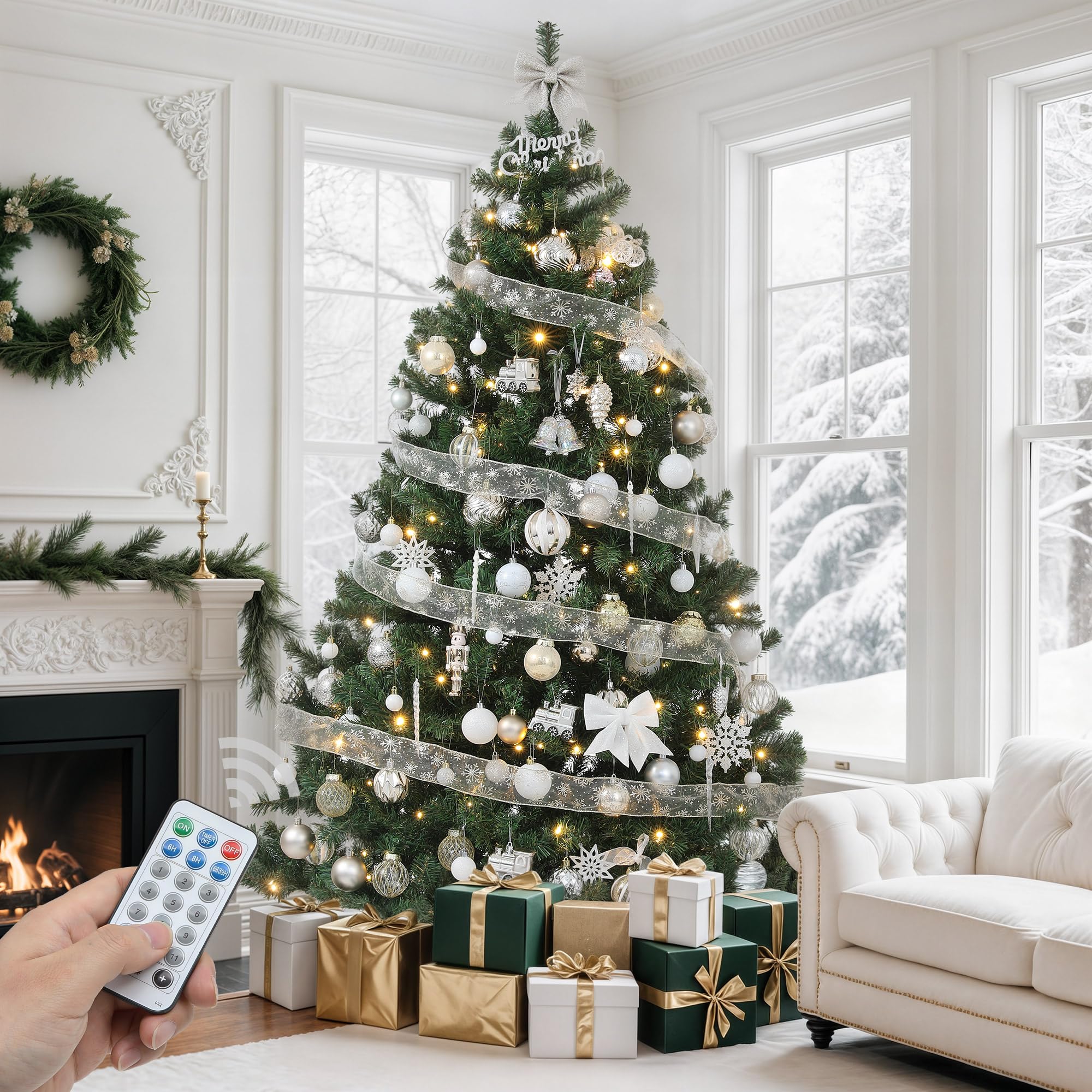 GOOBED 7.5FT Prelit Green Christmas Tree with Remote Control, Pre-Lit Green Artificial Hinged Spruce Christmas Tree with 1450 Ti