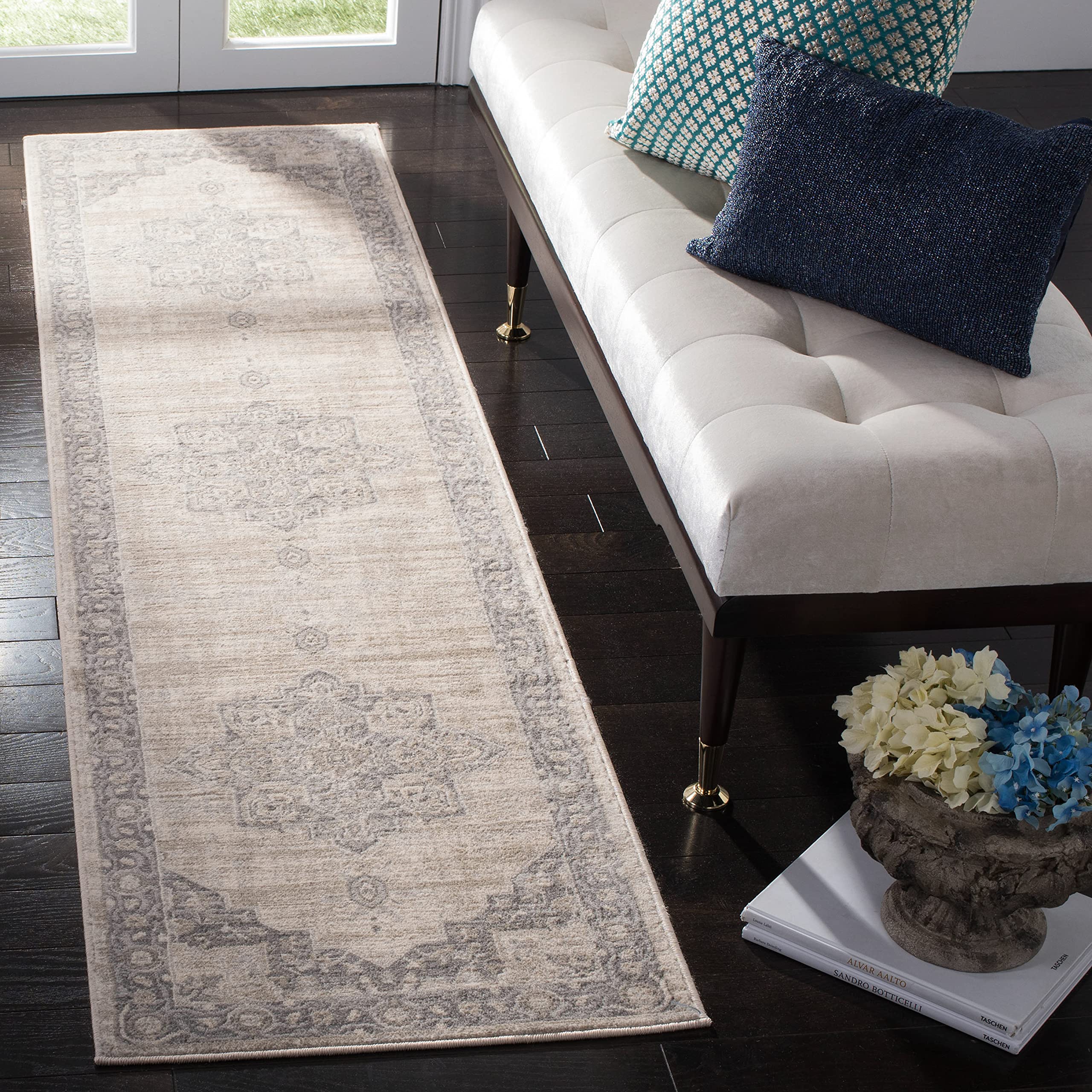 SAFAVIEH Brentwood Collection Runner Rug - 2 x 22, Cream & Grey, Medallion Distressed Design, Non-Shedding & Easy Care, Ideal 