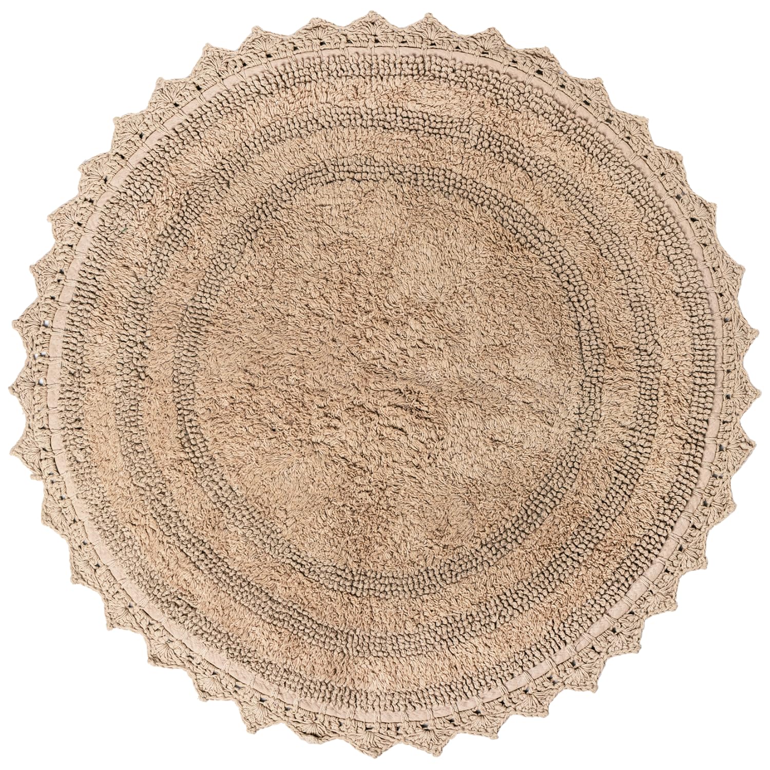 RAJRANG BRINGING RAJASTHAN TO YOU Circle Bathroom Mat for Kitchen and Spa with Crochet Pattern Cotton Absorbent Soft Reversible Woven Bath Rug Sand Round 24 Inches