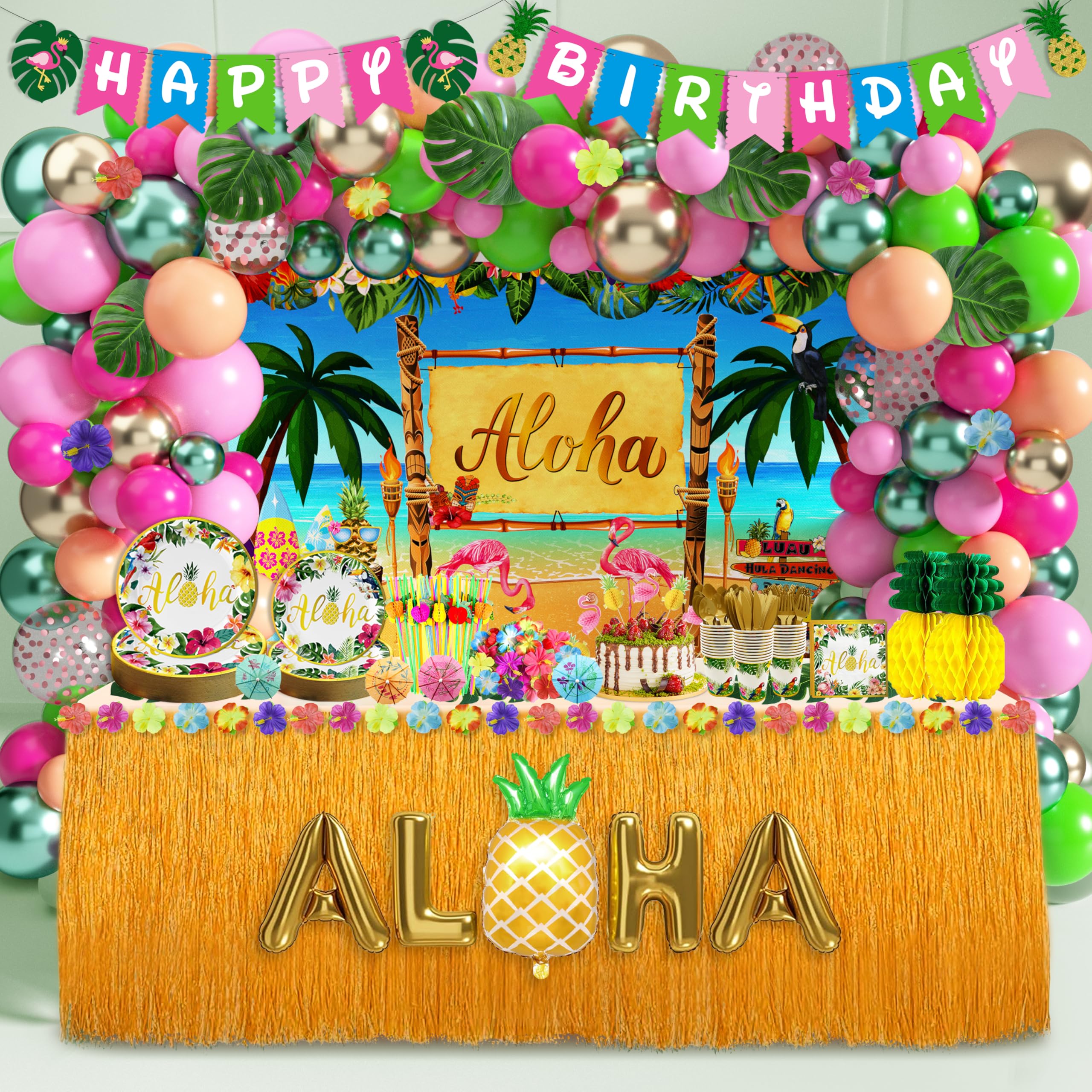 Luau Birthday Party Decorations 321Pcs Hawaiian Tropical Aloha Party Supplies For Summer Beach Holiday Disposable Dinnerware Set