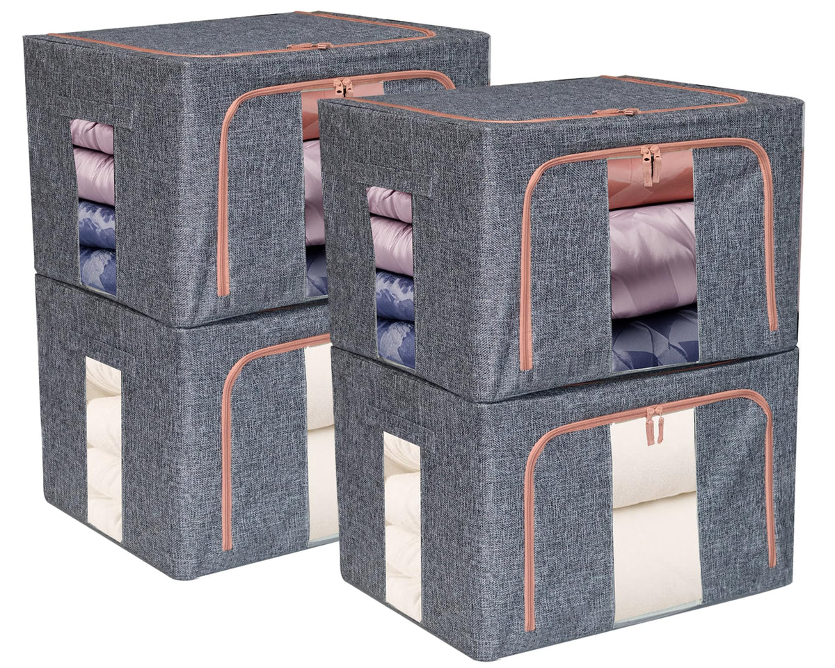Linen Clothes Storage Bins, 4Pcs Sturdy Closet Organizers And Storage Bin With Metal Frame, 2 Opening Ways Fabric Visible Lidded