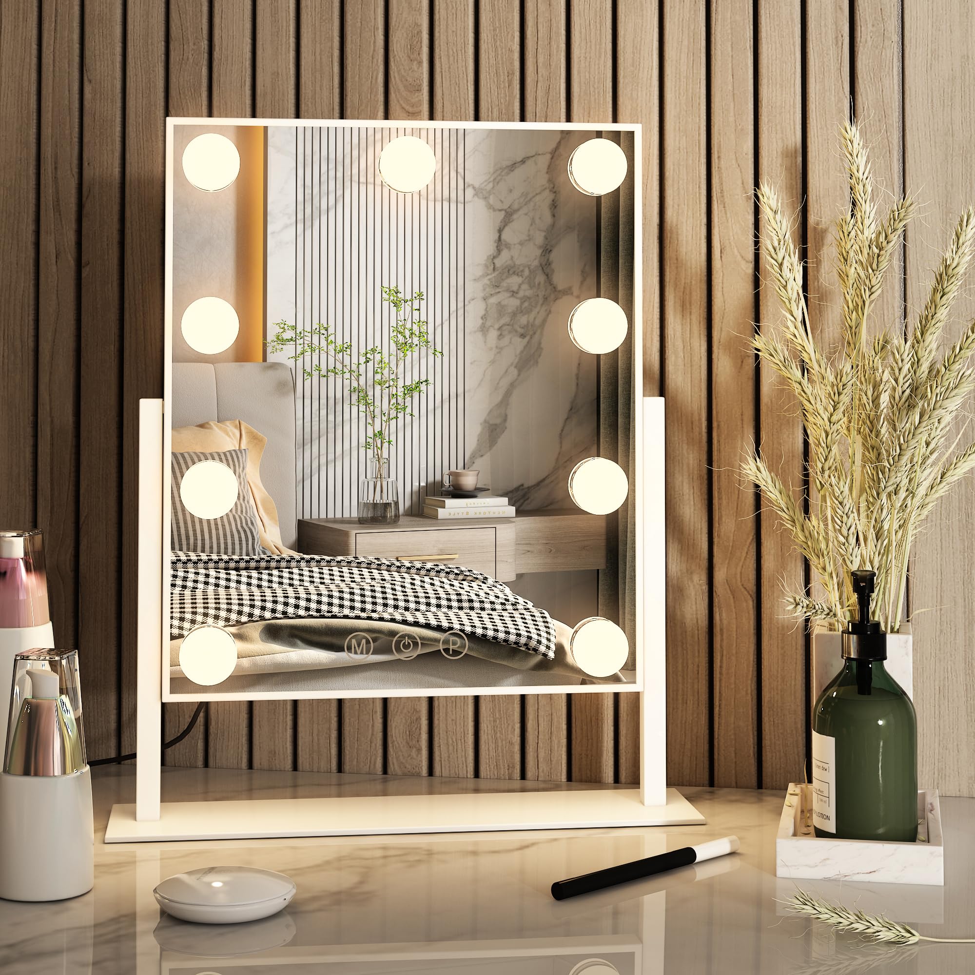 Zl Zeling Vanity Mirror With Lights,Tabletop Makeup Mirror With 9 Led Lights Smart Touch Control 3 Colors Light 360Rotation