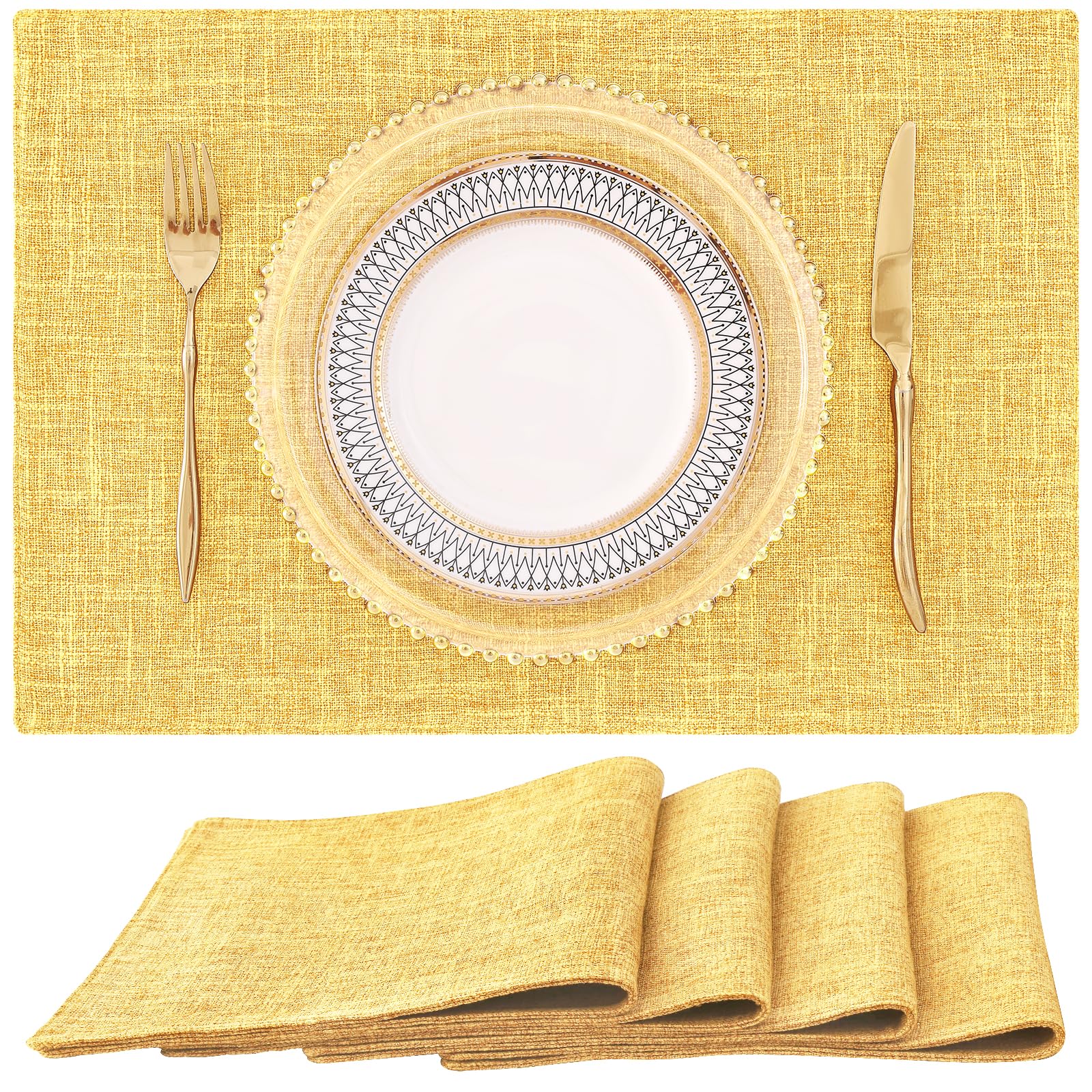 Homing Mustard Yellow Cloth Placemats Set Of 4 - Cotton Linen Blend Washable Farmhouse Dining Table Mats For Fall & Thanksgiving