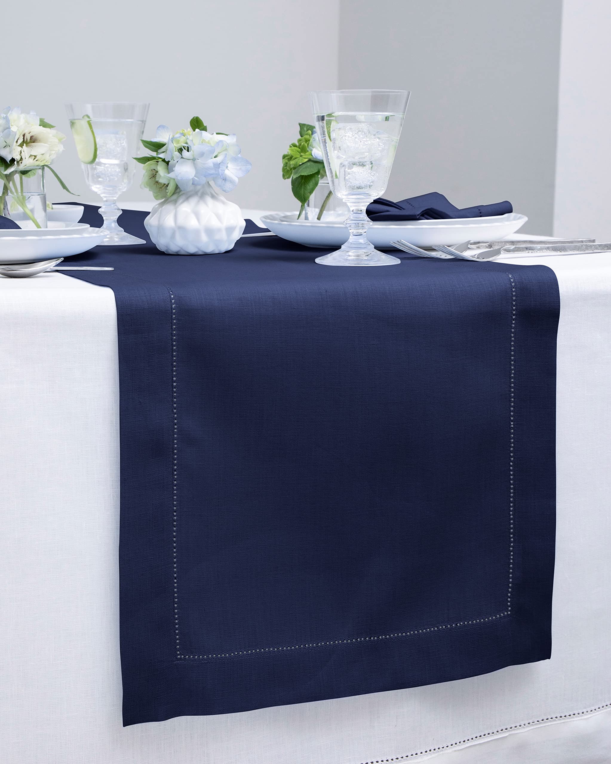 Solino Home Navy Linen Table Runner 72 Inches Long - 100% Pure Linen Classic Hemstitch Table Runner 14 X 72 Inch - Machine Washa