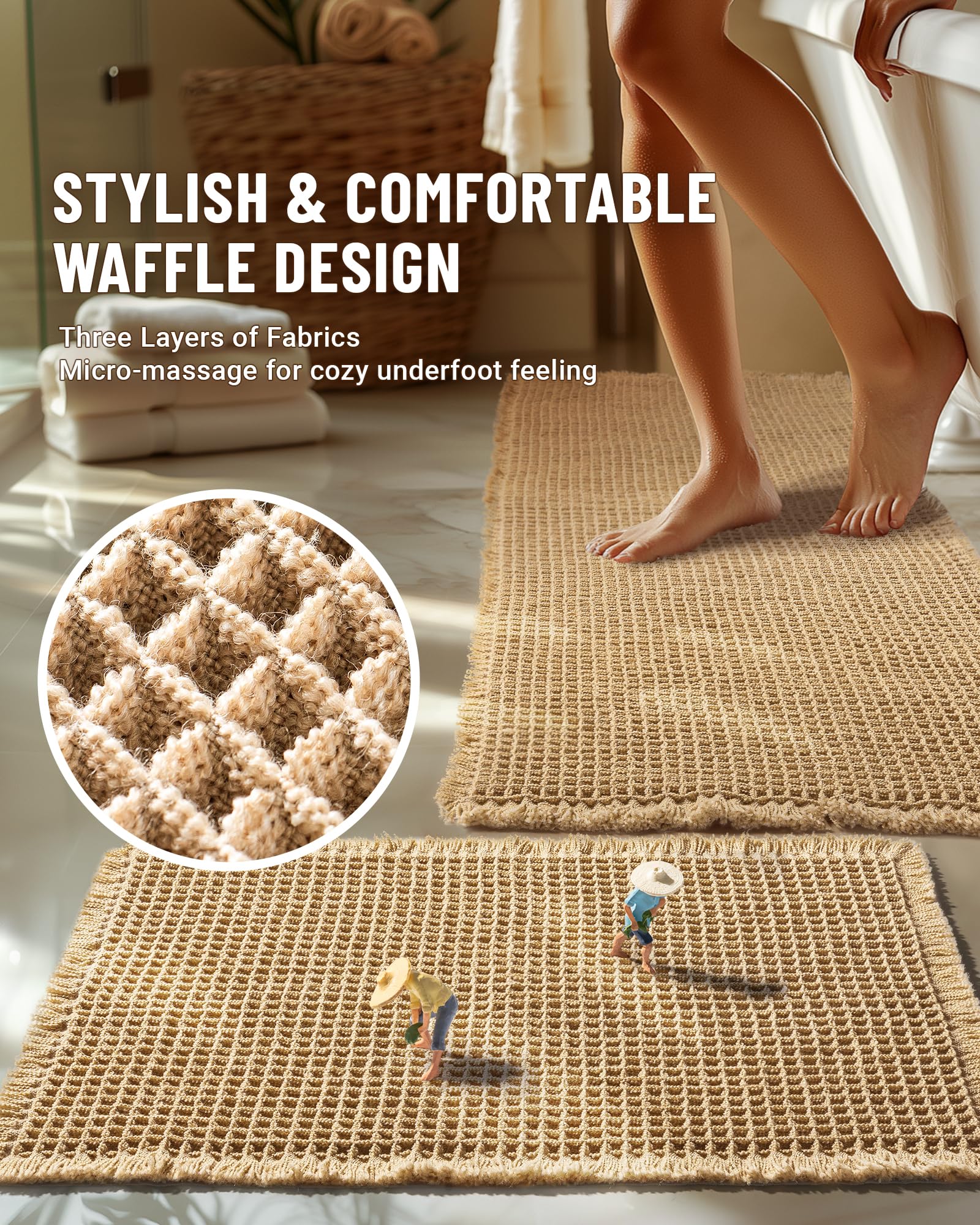 Furicher Large Waffle Bath Mat Set, Non Slip Bathroom Mat Set, Ultra Absorbent Bath Mats For Bathroom Decor, Extra Soft Floor Ba