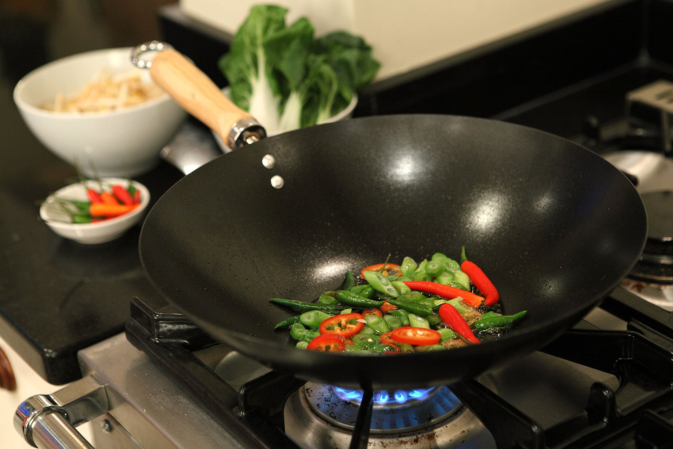 Dexam 12108412 Non-Stick Carbon Steel Wok With Wood Handle-12 (30Cm), 30Cm/12, Black