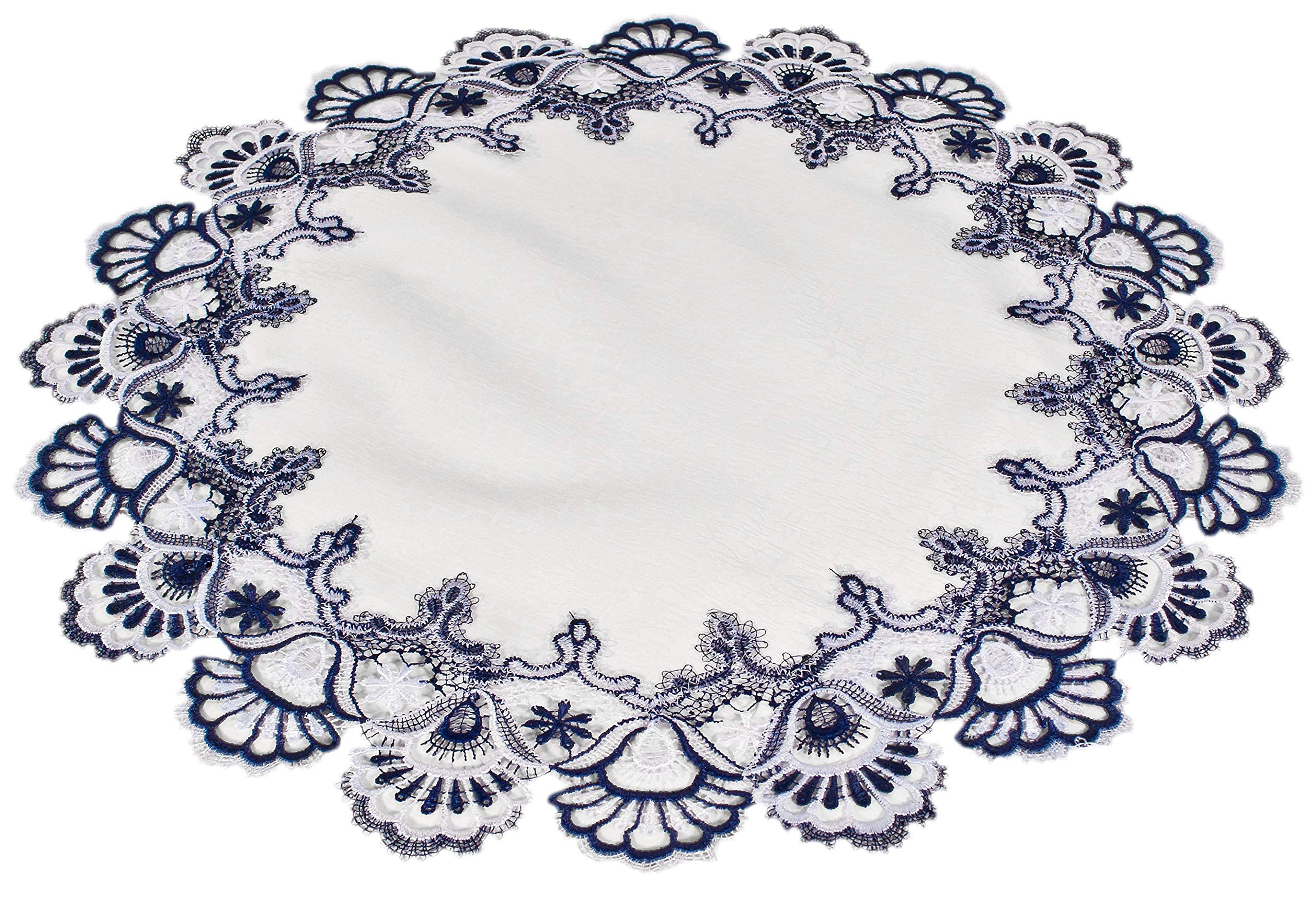 White Navy Blue Jacquard Peacock Tail Lace Doily, Placemat, Table Centerpiece, Table Topper (23 Inch Round)