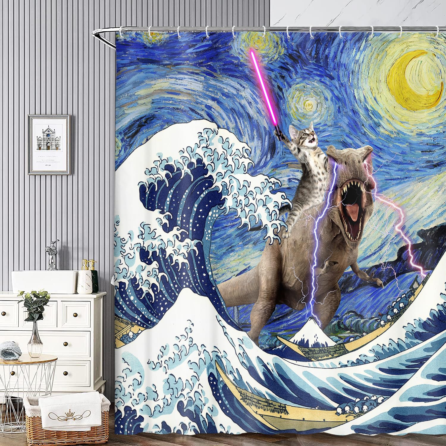 Xguatan Funny Cat Dinosaur Shower Curtain, Cool Cats Ride Dinosaur On Blue Teal Ocean Shower Curtain Set, Underwater Animal Fish