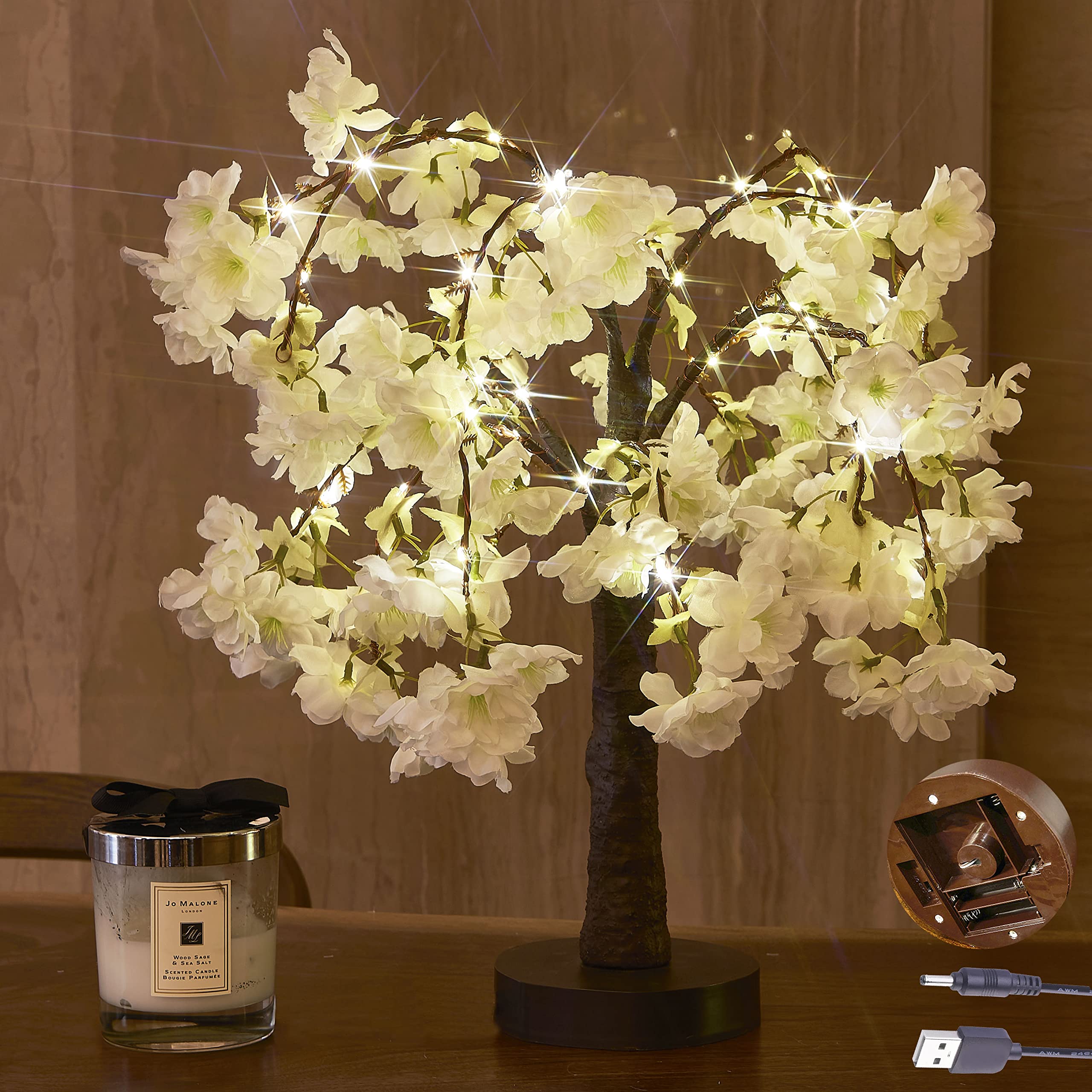 Hairui Lighted White Cherry Blossom Tree Battery Operated 18IN 40 Warm White LED Artifical Bonsai Tree with Timer USB Plug for W