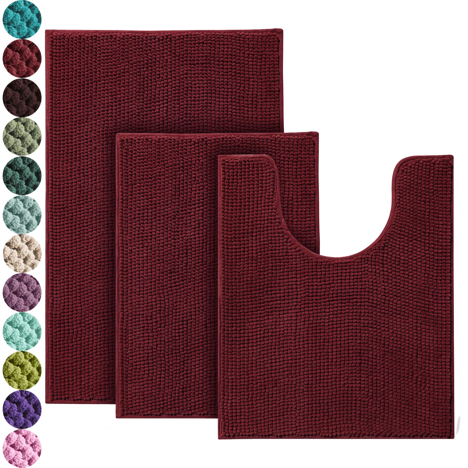 Urvoix Bathroom Rugs Set - 3 Pieces Ultra Soft Non-Slip Bath Mats  Chenille Absorbent Bath Rugs for Bathroom  Tub and Shower (Burgundy)