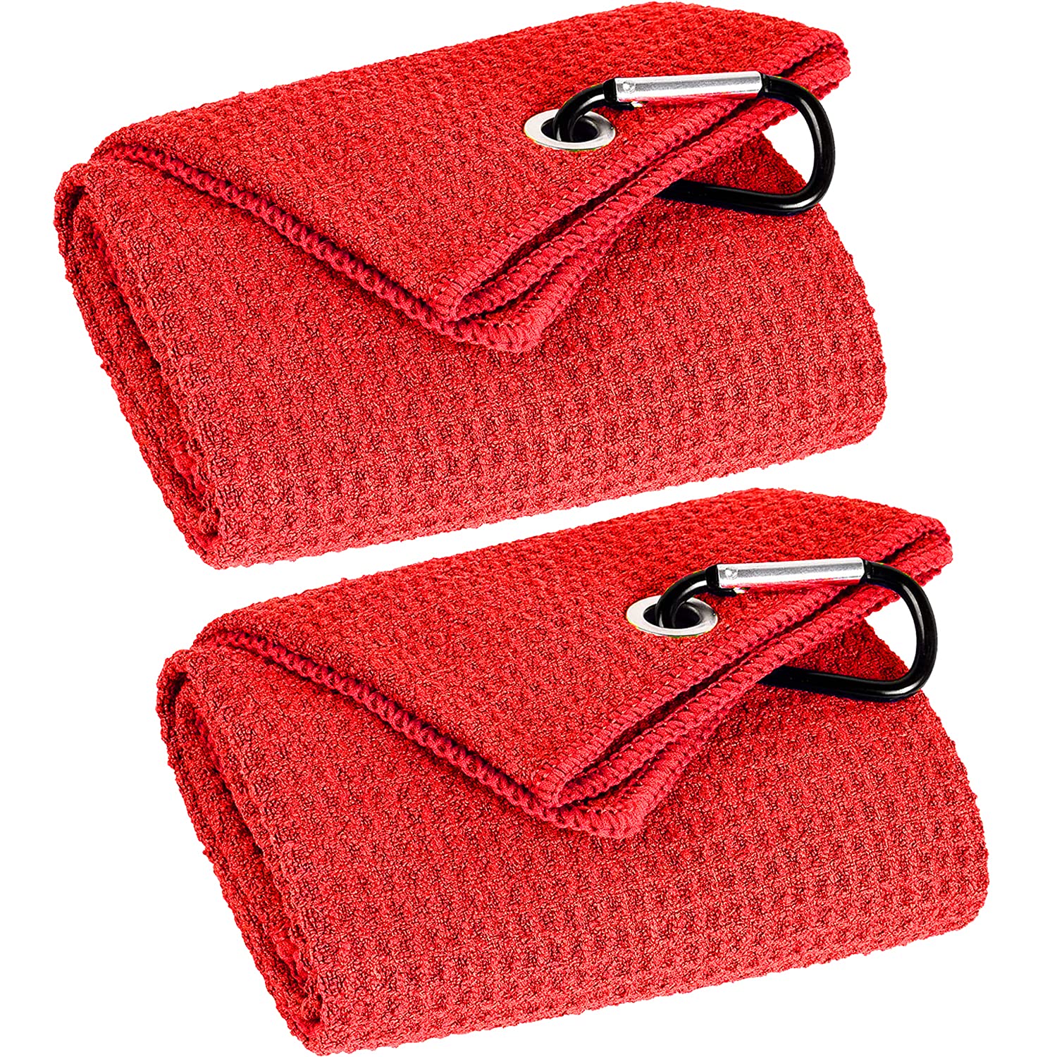 Vividly 2 Pack Tri-Fold Golf Towels, Premium Microfiber Fabric Waffle Pattern With Black Heavy Duty Carabiner Clip, Red Golf Tow