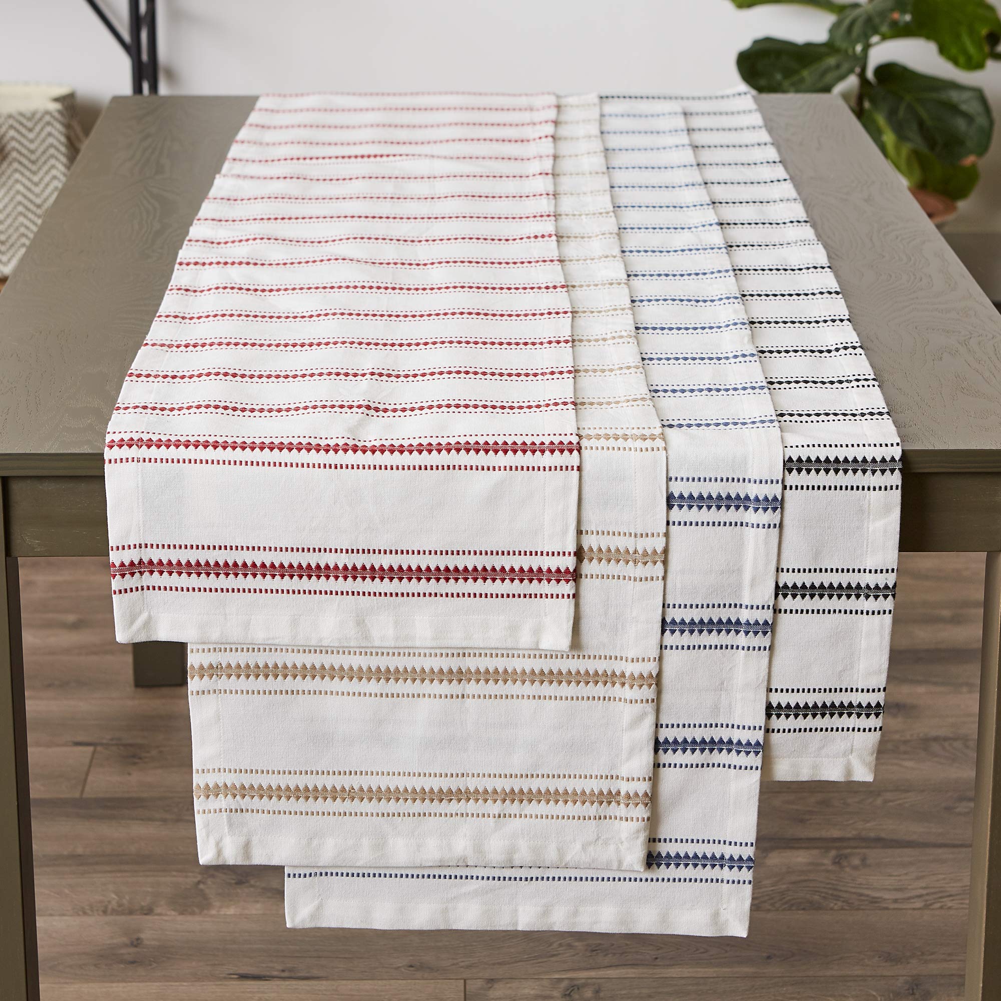 Dii Zig Dobby Tabletop Collection, White Cotton Background With Embellished Stripe, Table Runner, 14X108, Black