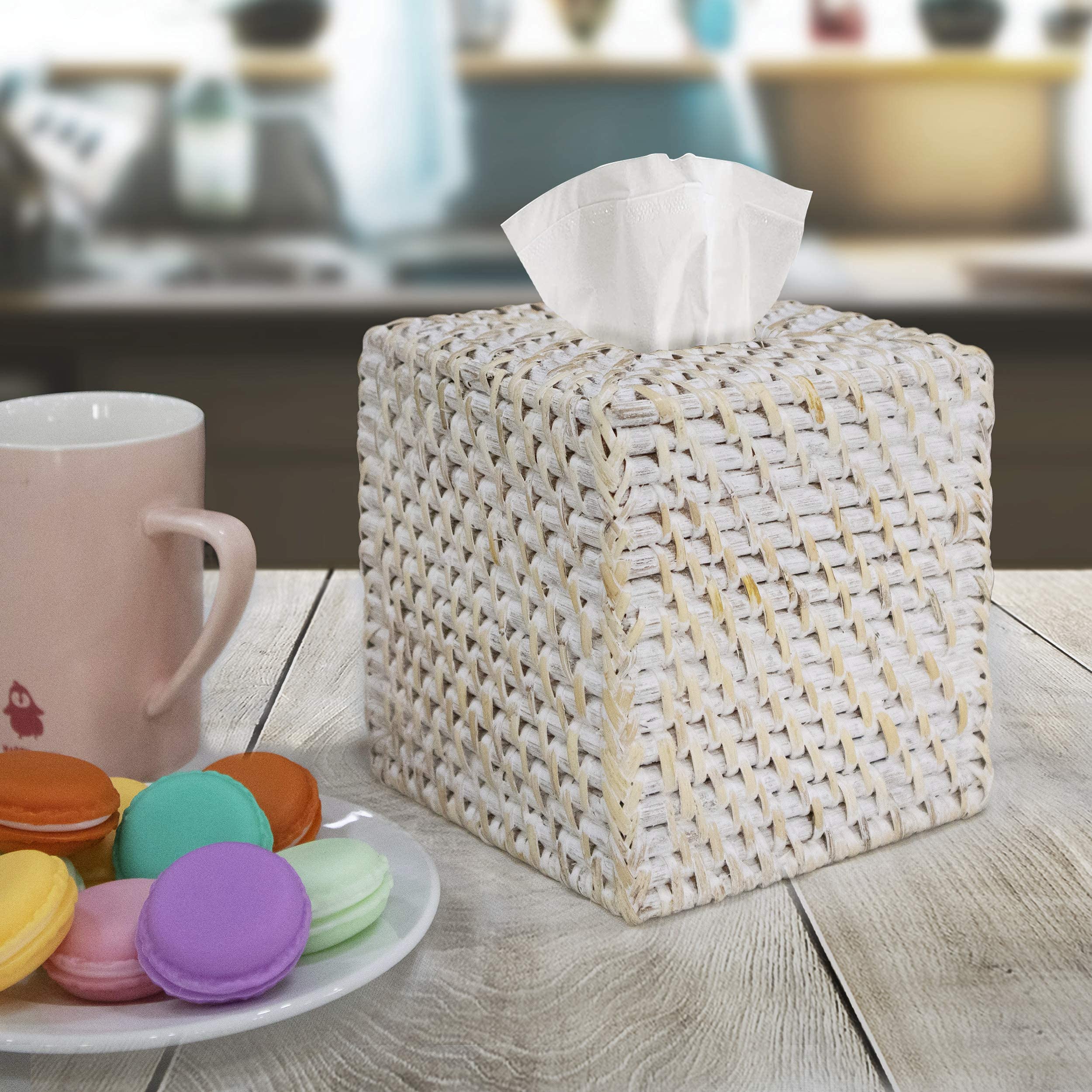 Woven Rattan Square Tissue Box Holder For Kitchen, Bathroom, Car | Decorative Wicker Refillable Facial Paper Napkin Dispenser Ho