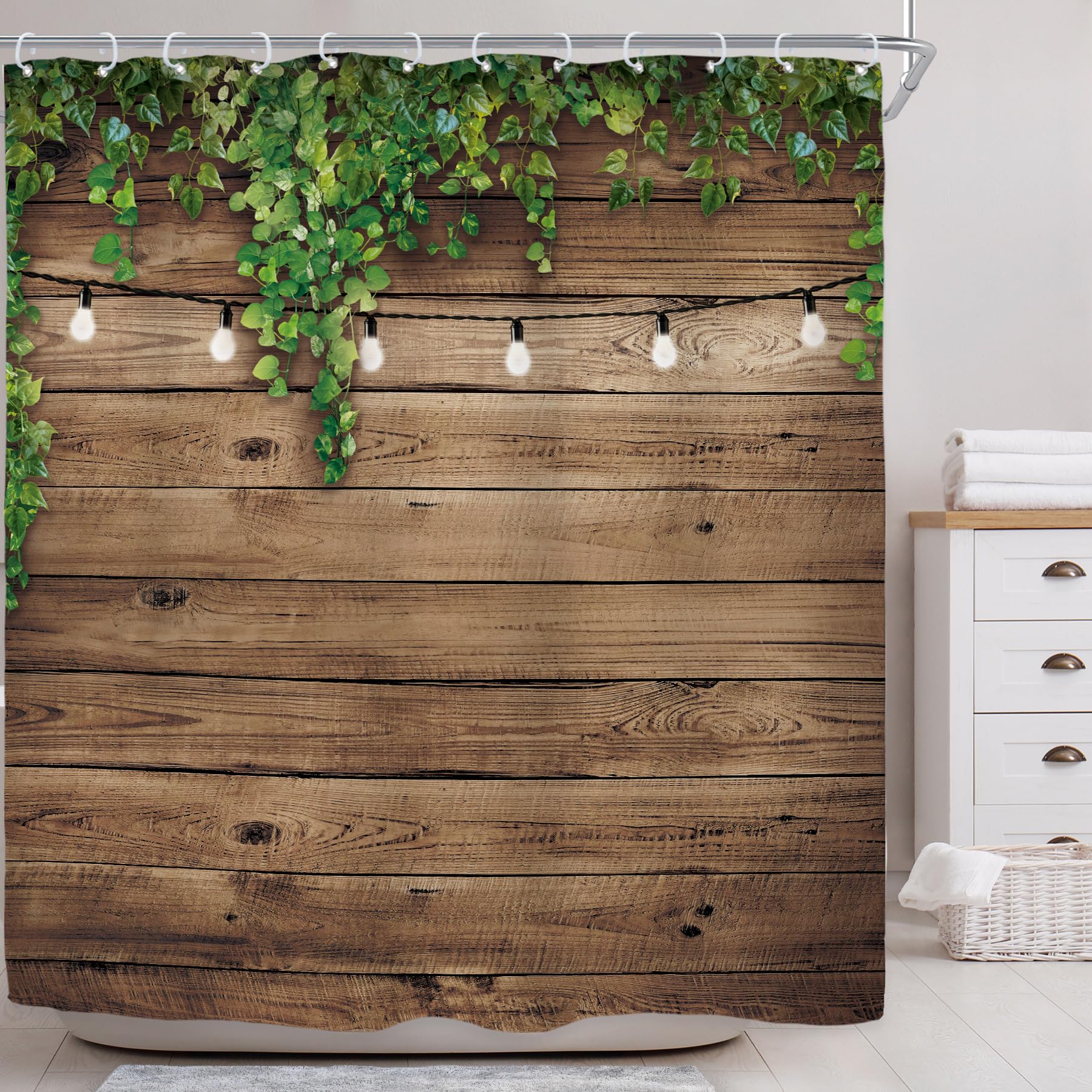Riyidecor Rustic Farmhouse Outdoor Shower Curtain Wooden Bran Door Green Leaves Antique Brown Wall Lights Bathroom Home Decor Waterproof Polyester 72WX72H Inch 12 Pack Hooks