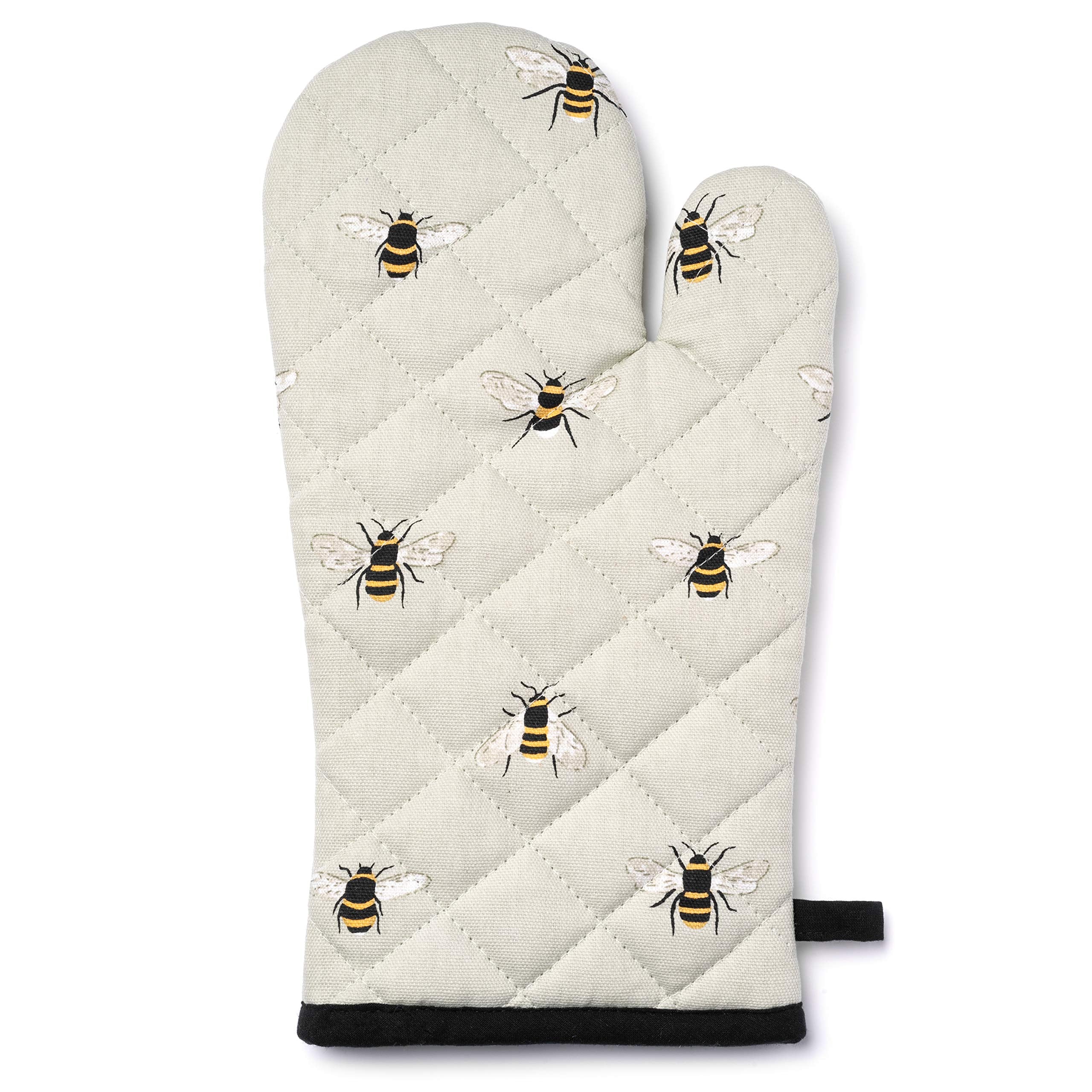 Globetrotting Merchant Oven Mitt And Pot Holder Set, 100% Quilted Cotton, Heat Resistant Hot Pads, Grey With Bumblebee Print, Ki