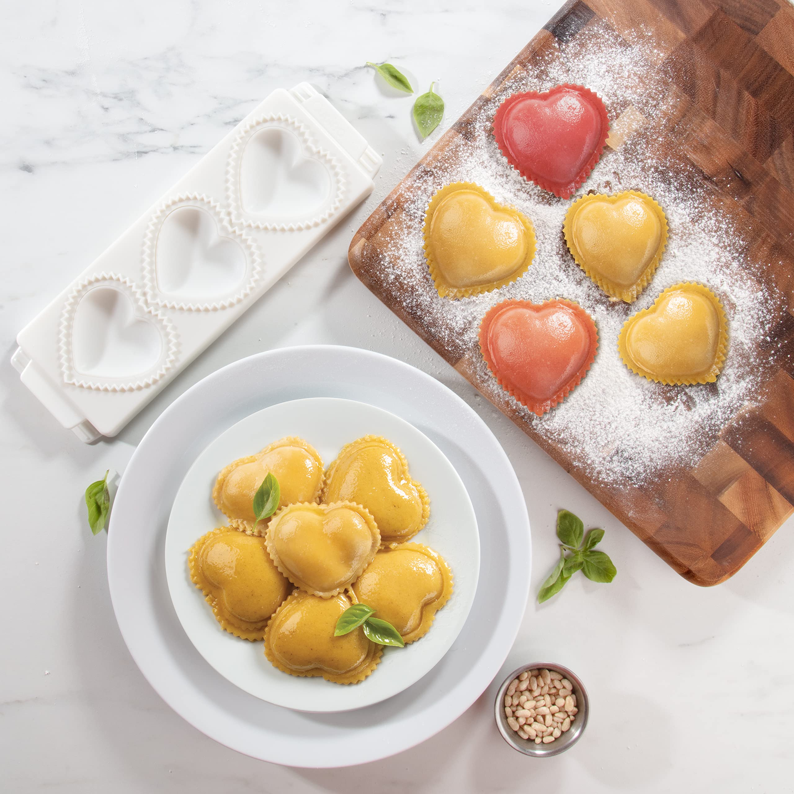 Jumbo 3'' Heart Ravioli Molds- Homemade Filled Pasta Maker- 2 Piece Tray & Press Makes 3 Large Italian Raviolis At A Time, Easy