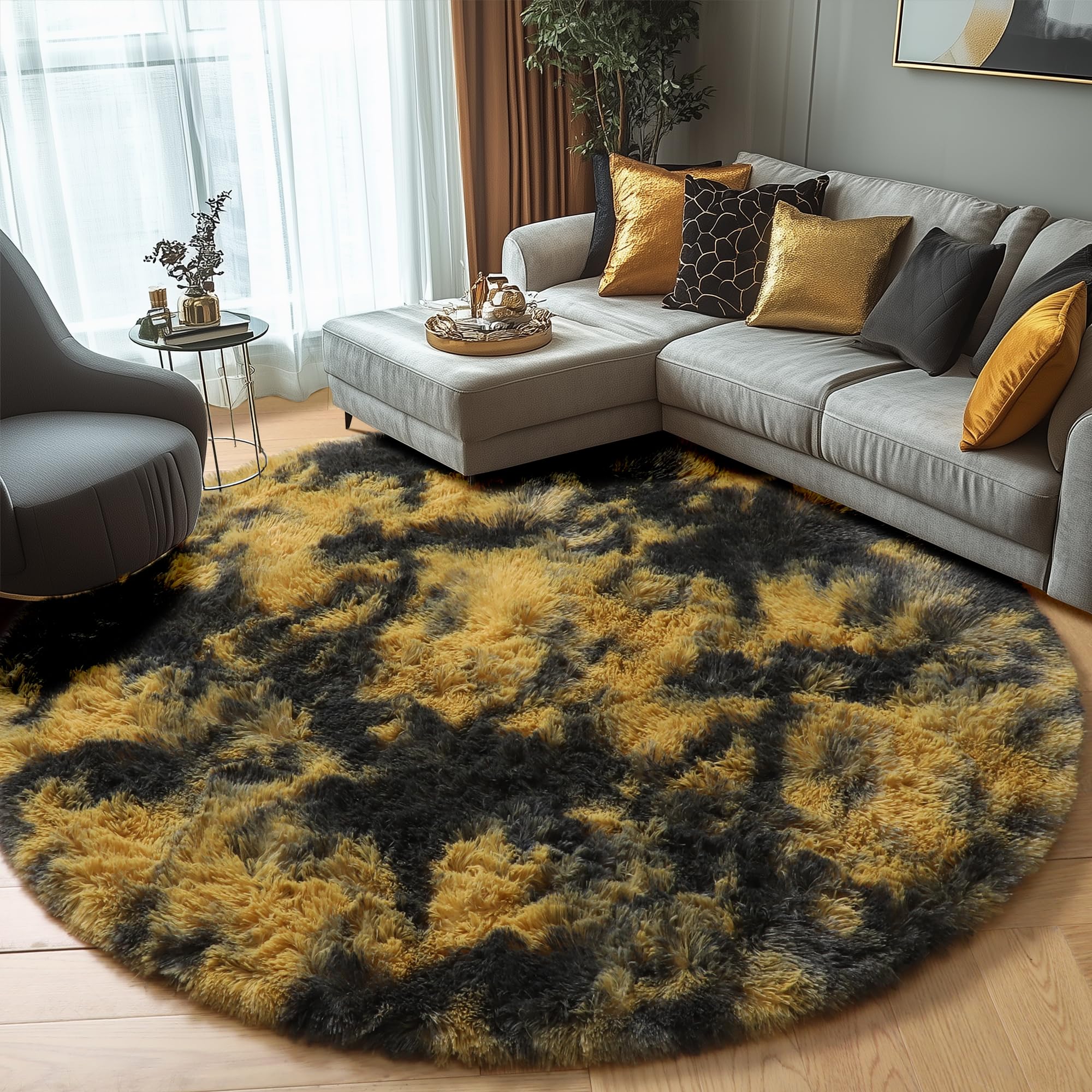 Amdrebio Black Gold Yellow Grey Round Circle Rugs 5Ft for Bedroom Living Room Decor, Fluffy Furry Area Rug for Kids Room Dorm Ho