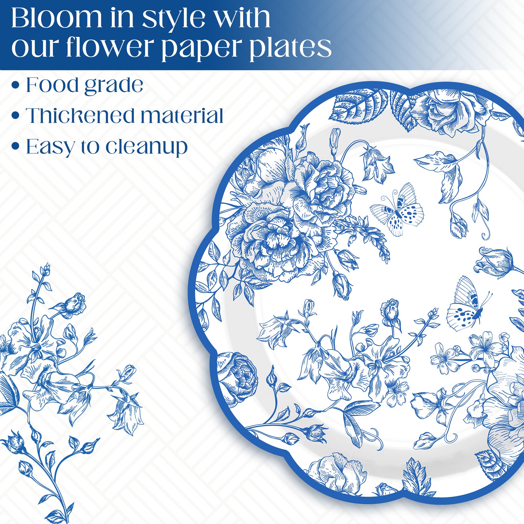 Kochorie 100 Pieces Blue Flower Paper Plates 7 Inches Disposable Floral Paper Plates Scalloped Blue Chinoiserie Vintage Flower D