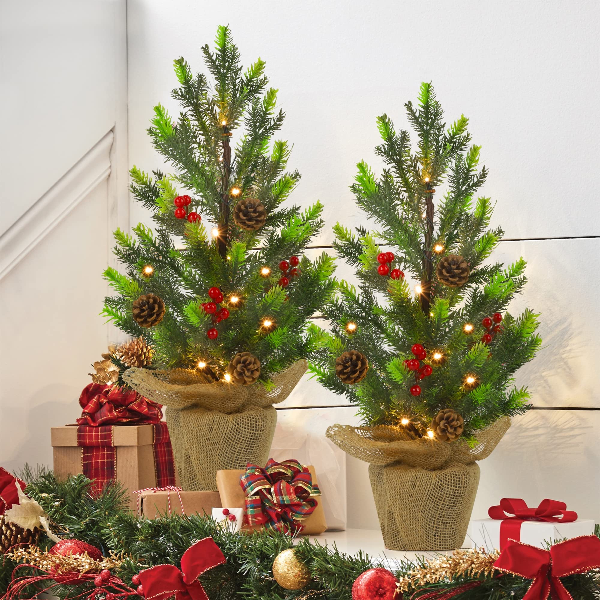 Juegoal 2 Pack Artificial Mini Christmas Trees, 24 Inch Lighted Tabletop Xmas Pine Tree with Lights, Small Light Up Battery Oper