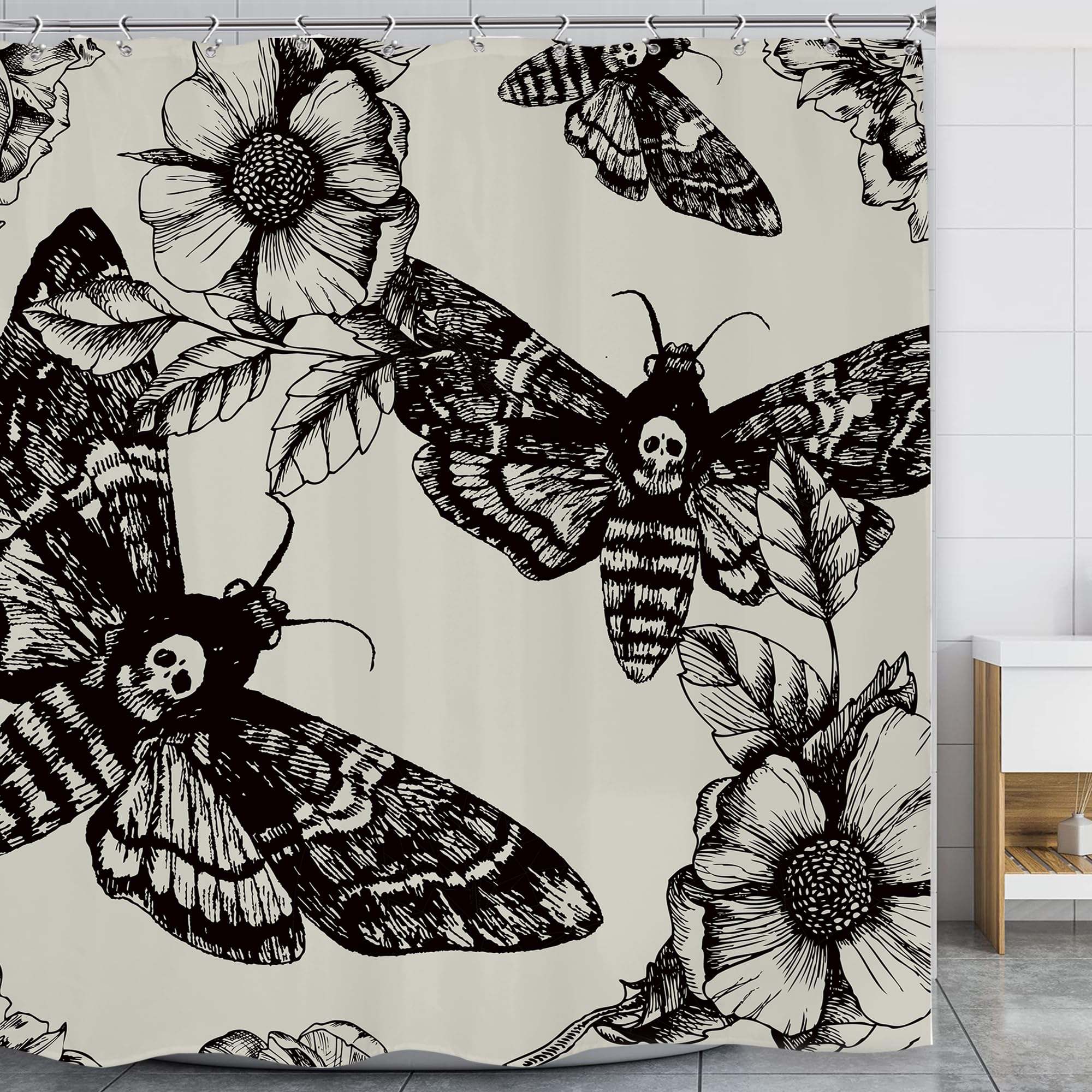Lghtyro Black Skull Moth Shower Curtain Bathroom Set 71Wx71H Inches Vintage Gothic Scary Retro Flower Floral Botanical Leaves Bu