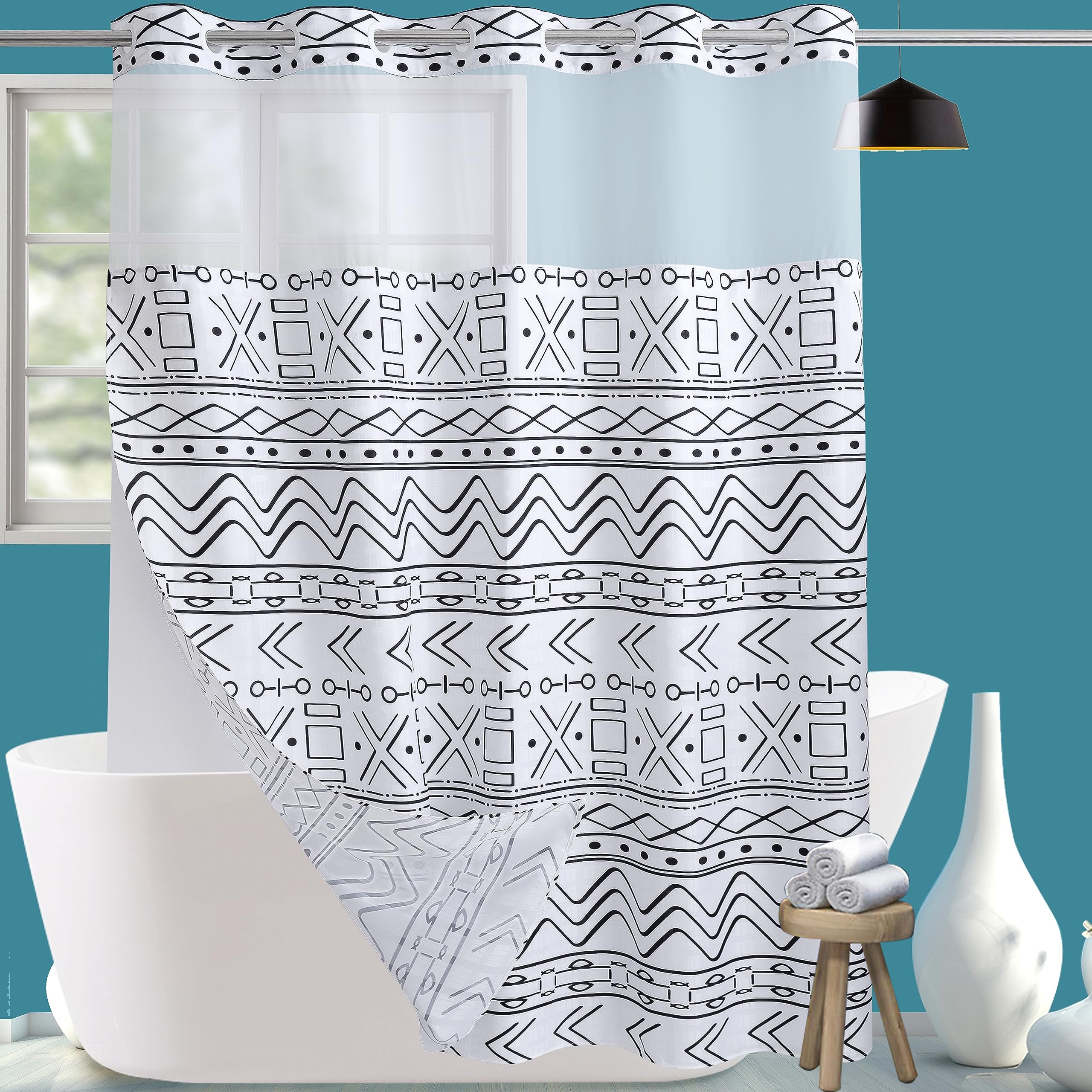 Conbo Mio Boho Shower Curtain Shower Hotel Fabric White Shower Curtain With Snap In Liner For Bathroom Machine Washable Waterpro
