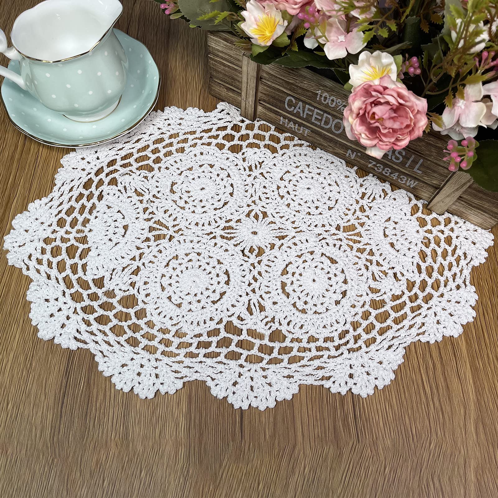 Phantomon Handmade Crochet Cotton Lace Placemats Doilies Cloth Crochet Coasters, Pack Of 4, Oval Shape, White, 12 X 17 Inch (Whi
