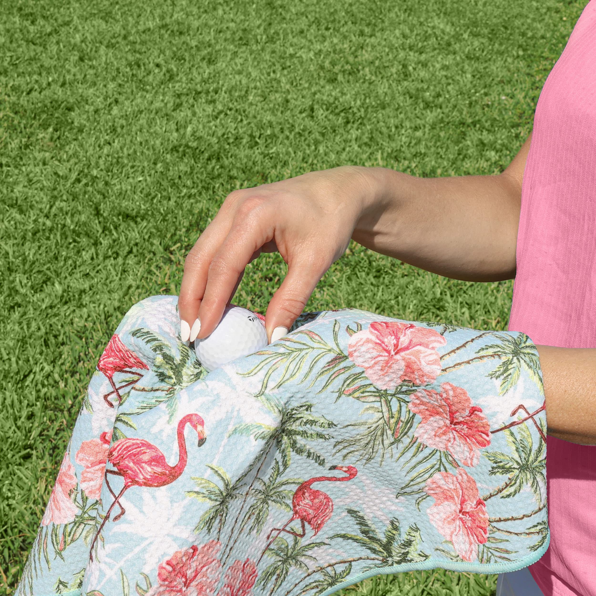 Flamingo Paradise Golf Towel with Clip for Women and Men  Microfiber Waffle and Ball Towels  Set of 2