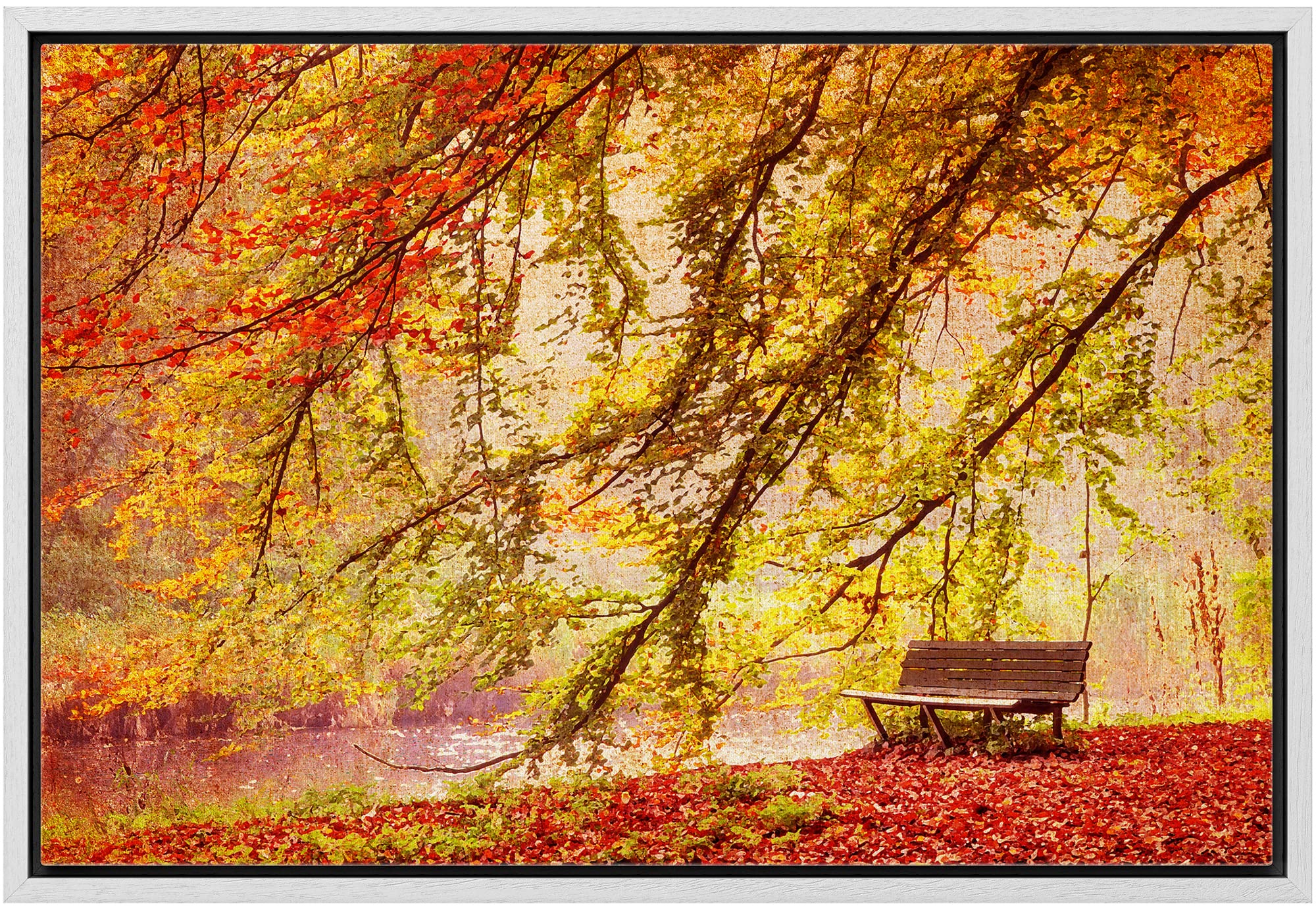 Wall26 Framed Canvas Print Wall Art Watercolor Effect Bench In Autumn Park Nature Wilderness Illustrations Modern Art Rustic Sce