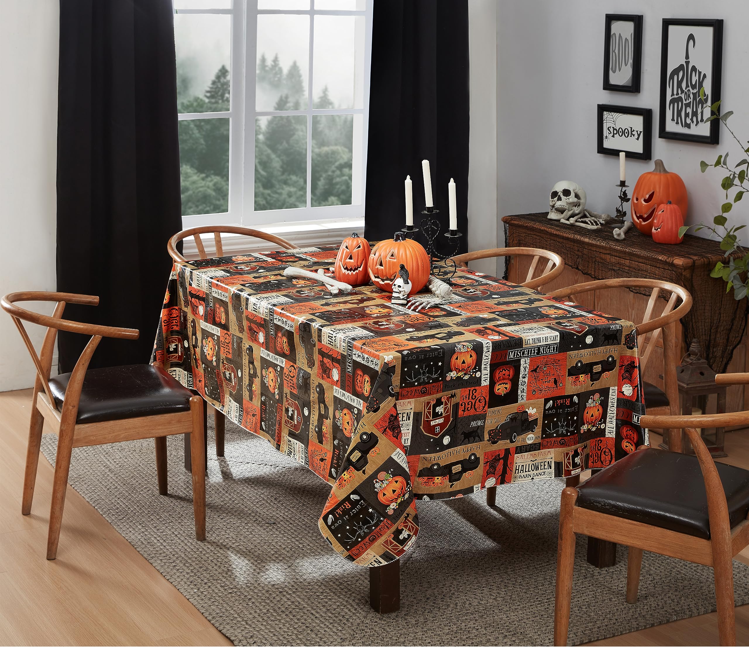 Newbridge Halloween Rustic Spooky Farm 60 X 120 Inch Rectangle Vinyl Tablecloth With Flannel Backing, Scary Country Farmyard Gho
