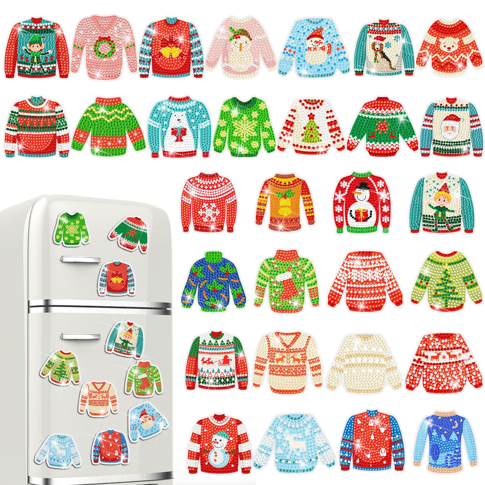 Motipuns 30 Pcs Christmas Magnetic Diamond Art Decor Holiday Ugly Sweater Diamond Magnets Kits Winter Fridge Magnet Refrigerator