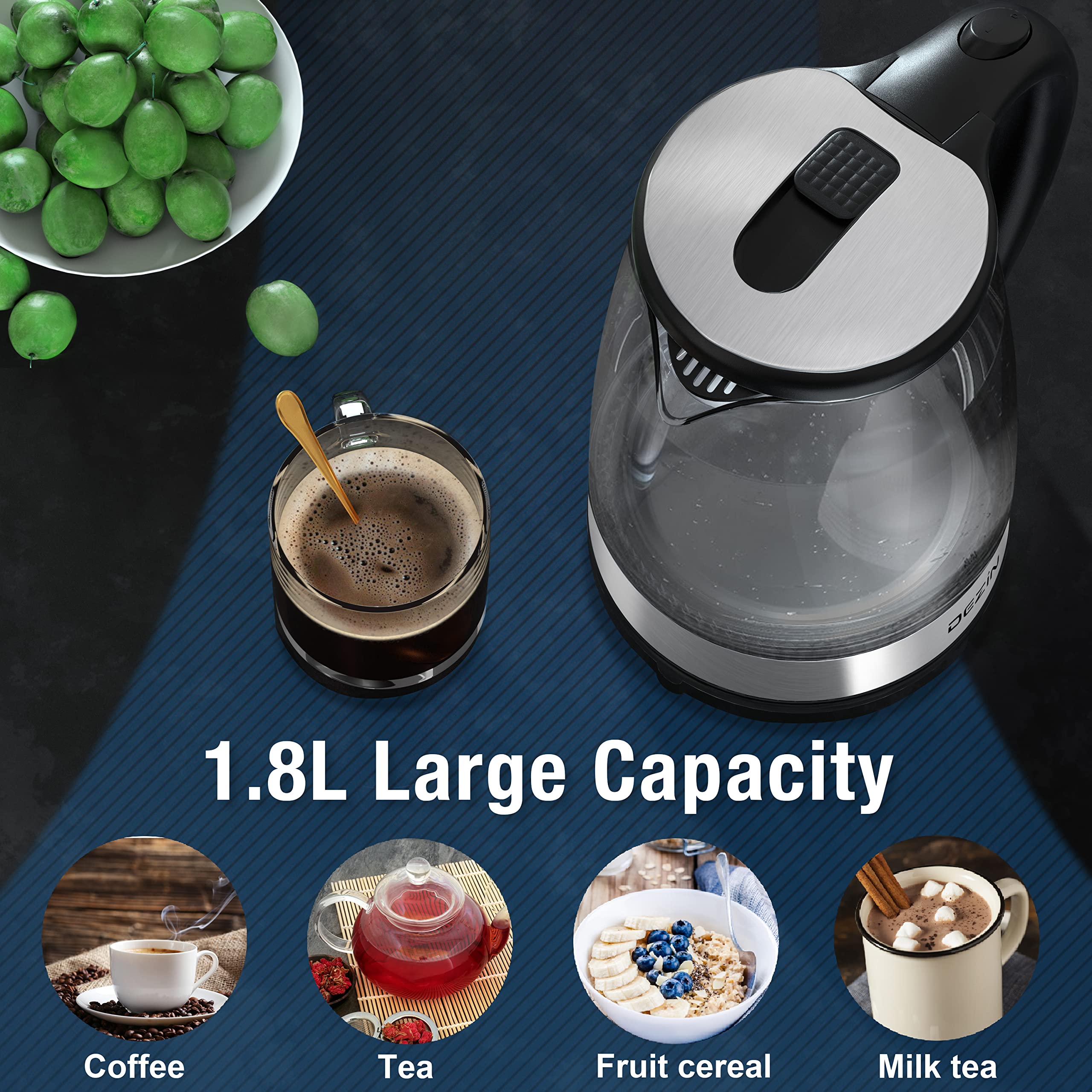 Dezin Electric Kettle, Bpa-Free 2L Electric Water Heater, Glass Electric Tea Kettle, 304 Stainless Steel Hot Water Kettle Warmer